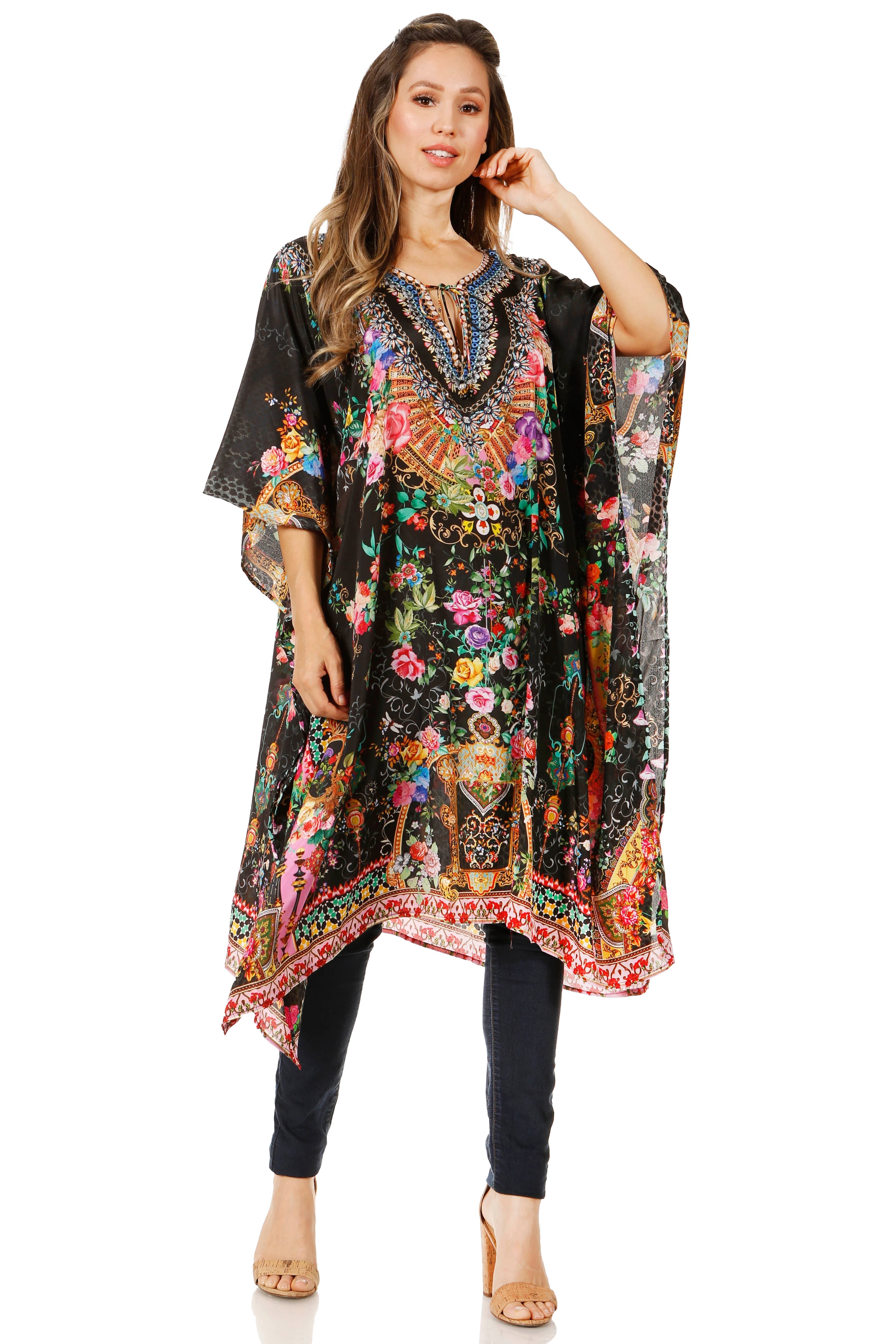 Sakkas - Jenni Mid Length Boho Caftan Kaftan Dress Cover up Flowy Rhinestone