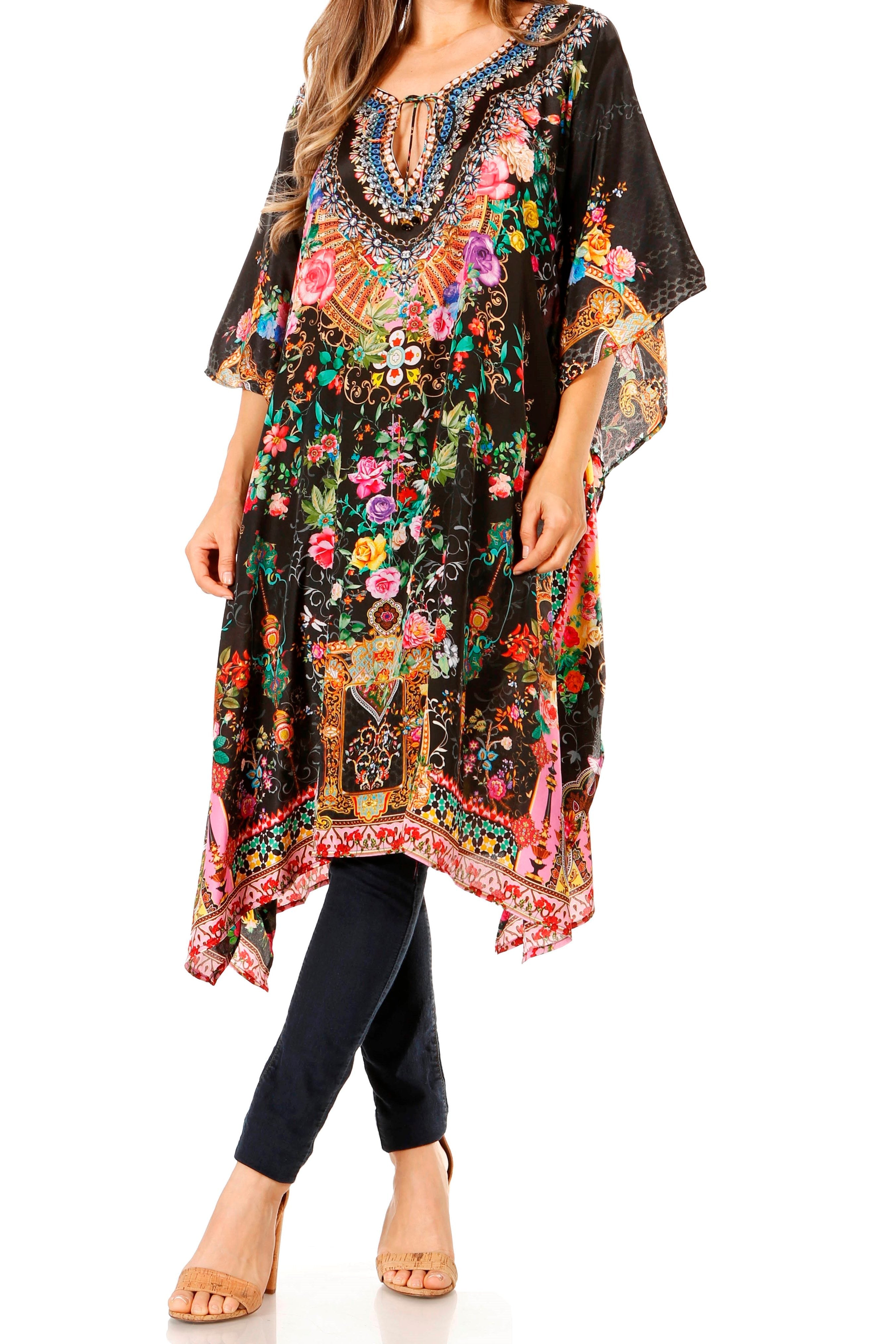 Sakkas - Jenni Mid Length Boho Caftan Kaftan Dress Cover up Flowy Rhinestone