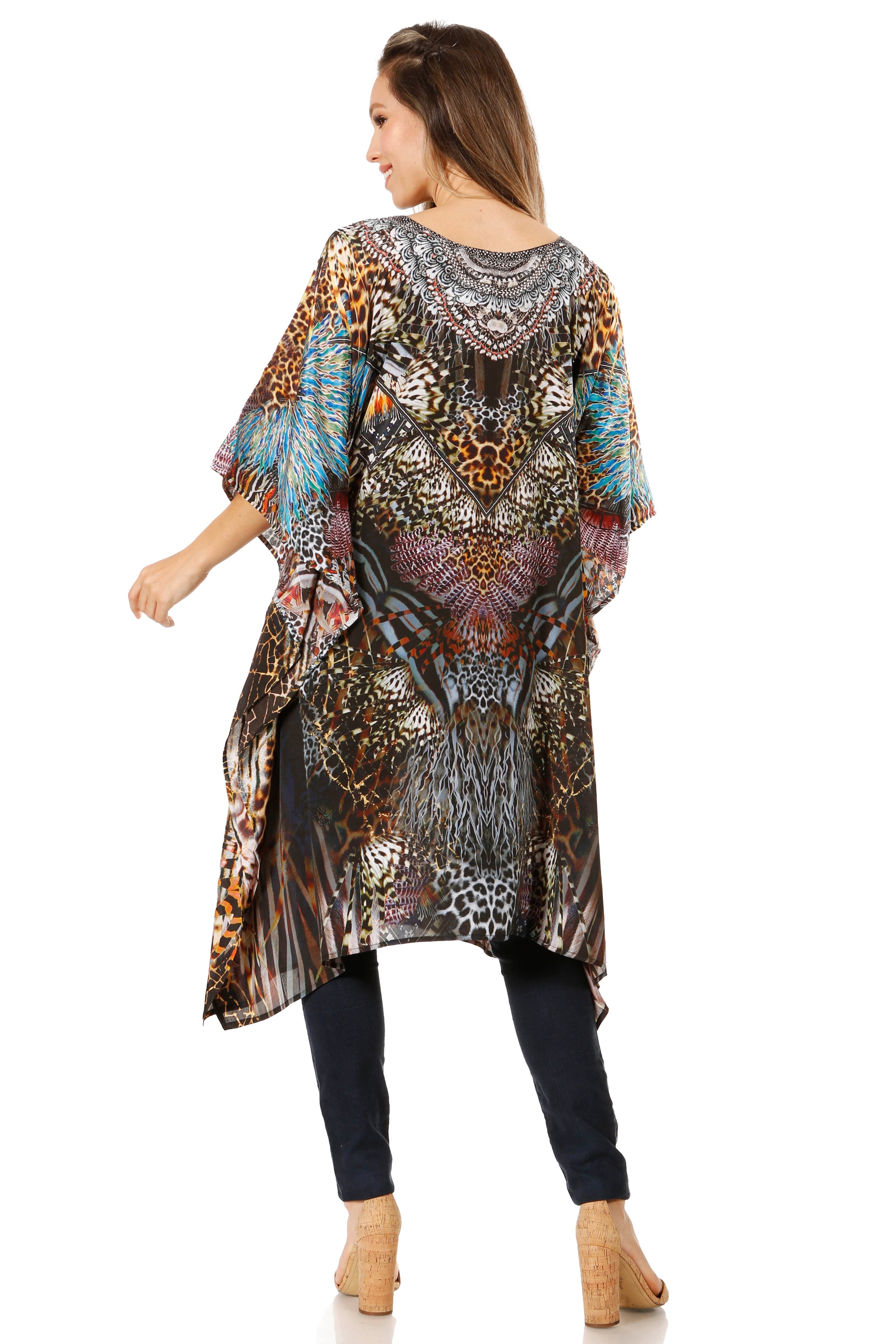 Sakkas - Jenni Mid Length Boho Caftan Kaftan Dress Cover up Flowy Rhinestone