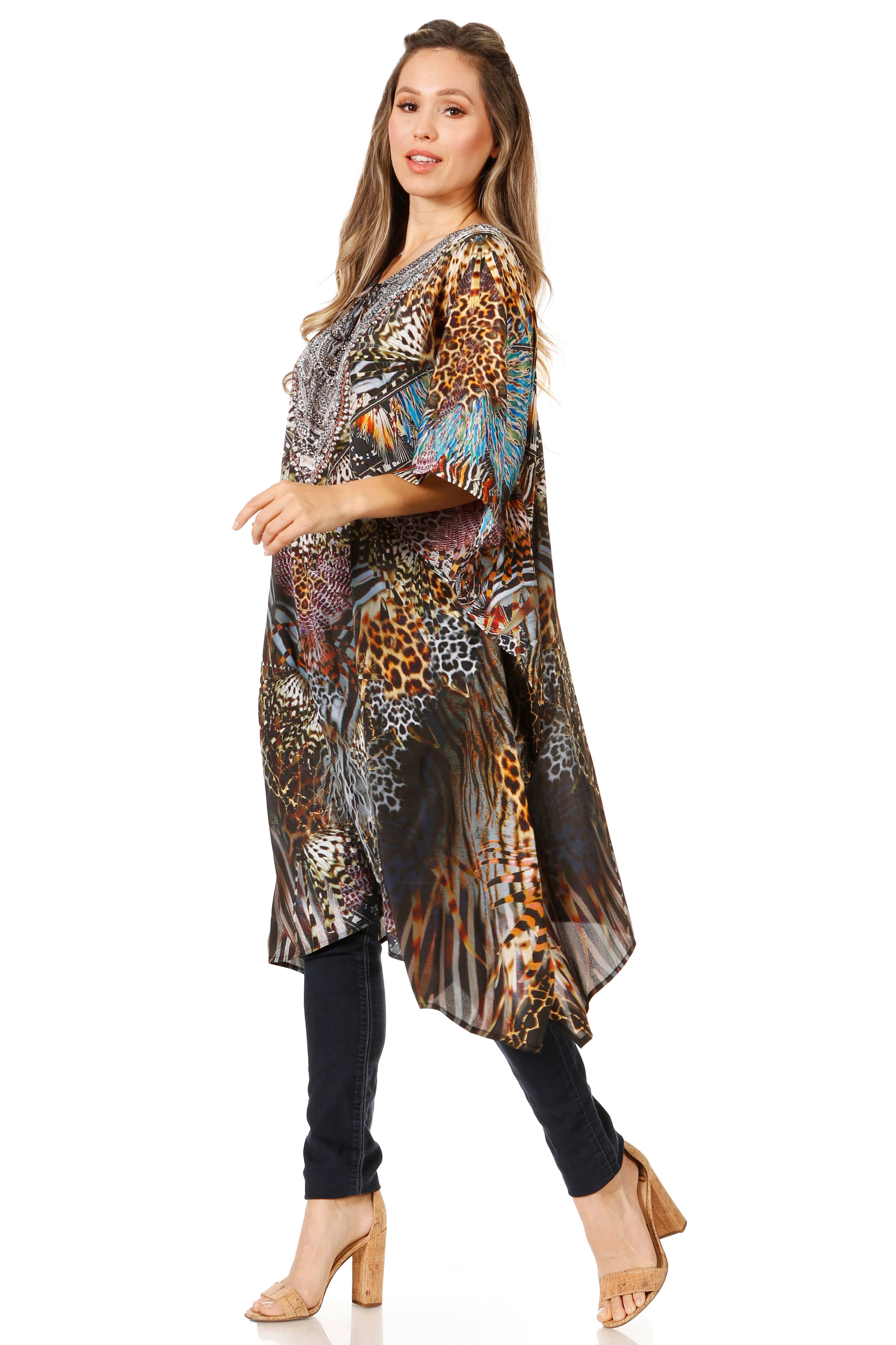 Sakkas - Jenni Mid Length Boho Caftan Kaftan Dress Cover up Flowy Rhinestone
