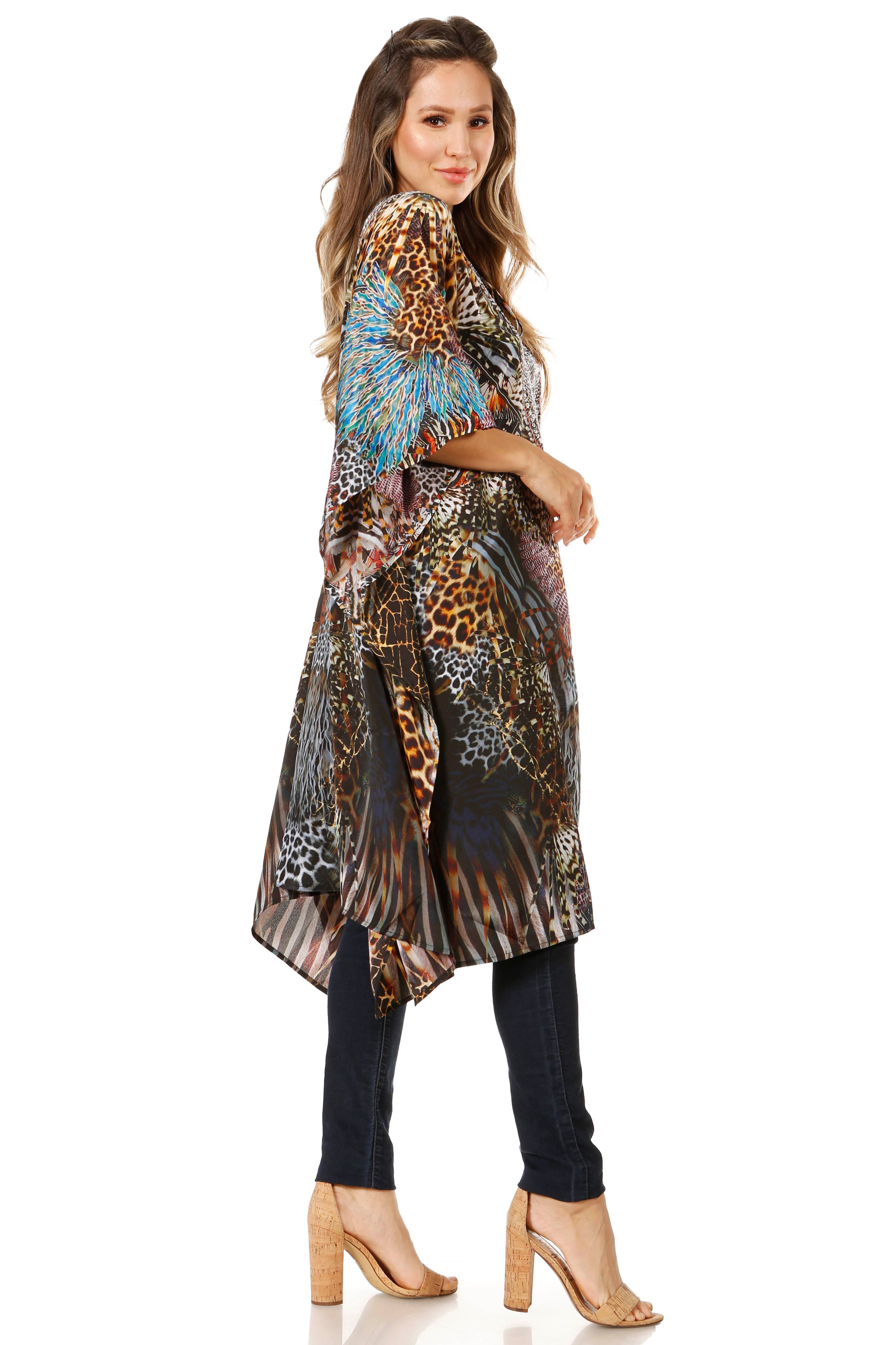 Sakkas - Jenni Mid Length Boho Caftan Kaftan Dress Cover up Flowy Rhinestone