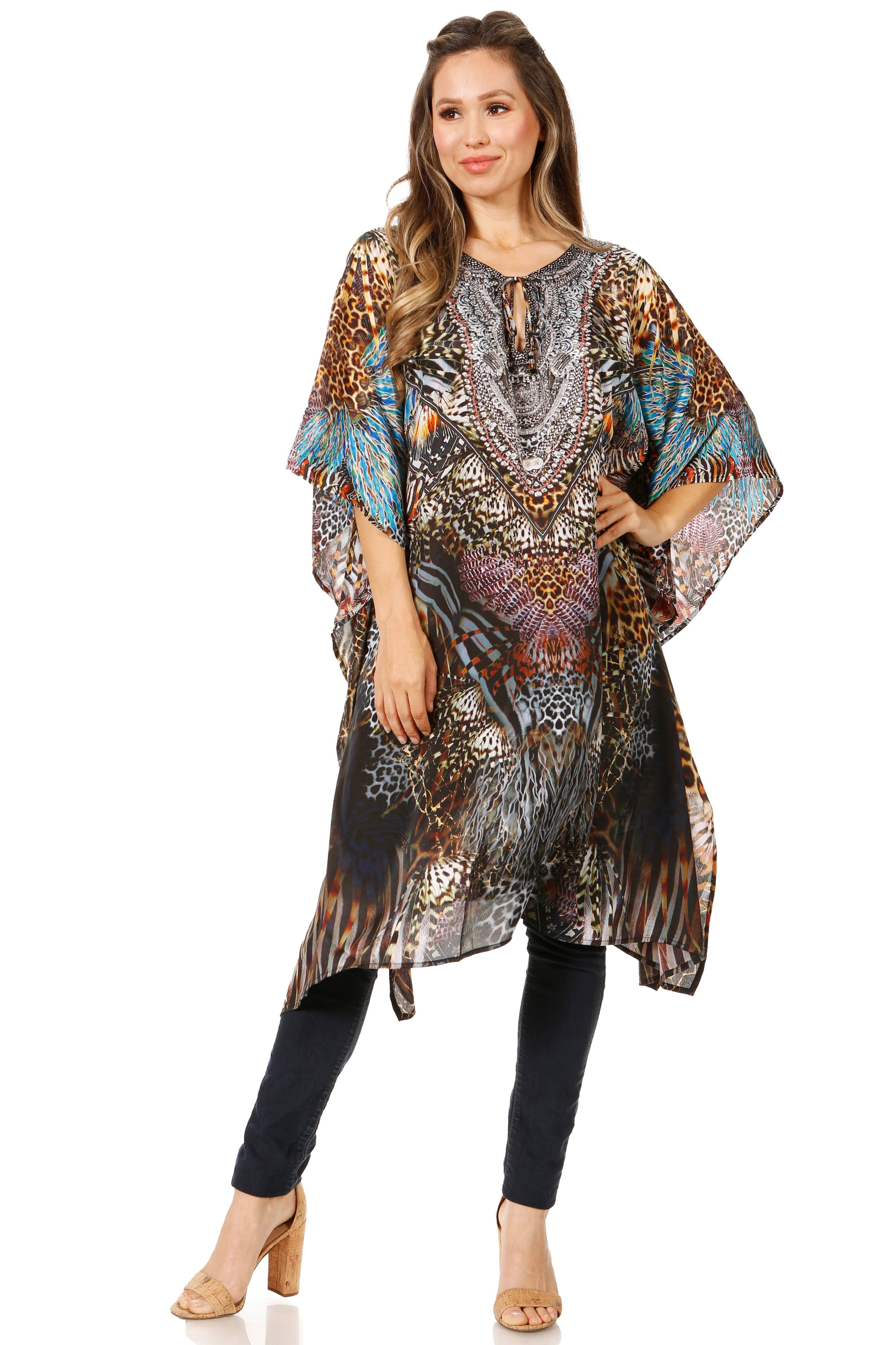 Sakkas - Jenni Mid Length Boho Caftan Kaftan Dress Cover up Flowy Rhinestone