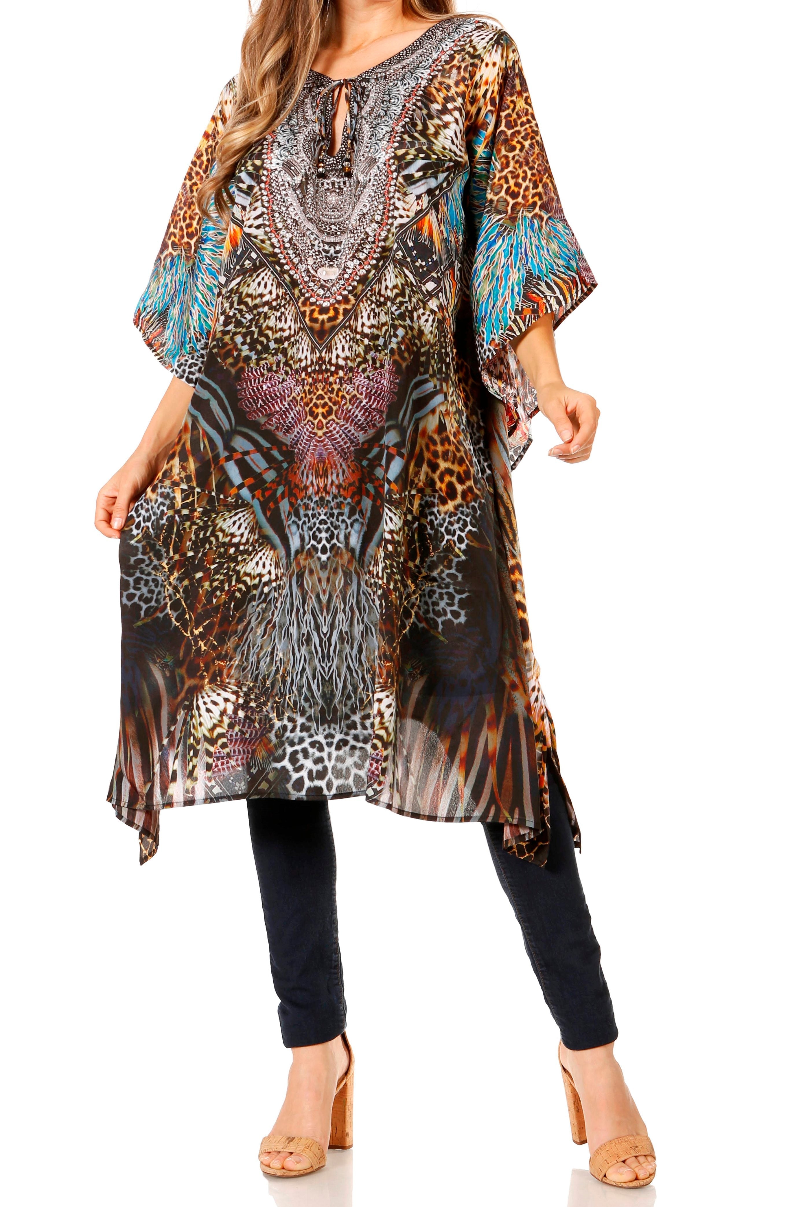 Sakkas - Jenni Mid Length Boho Caftan Kaftan Dress Cover up Flowy Rhinestone