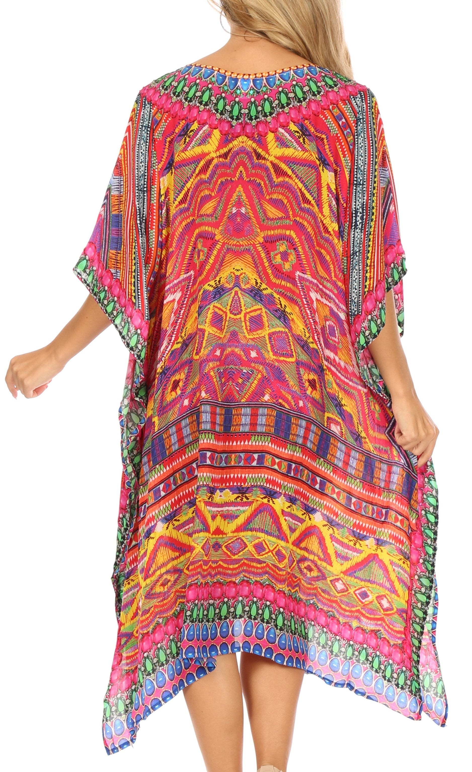 Sakkas - Jenni Mid Length Boho Caftan Kaftan Dress Cover up Flowy Rhinestone
