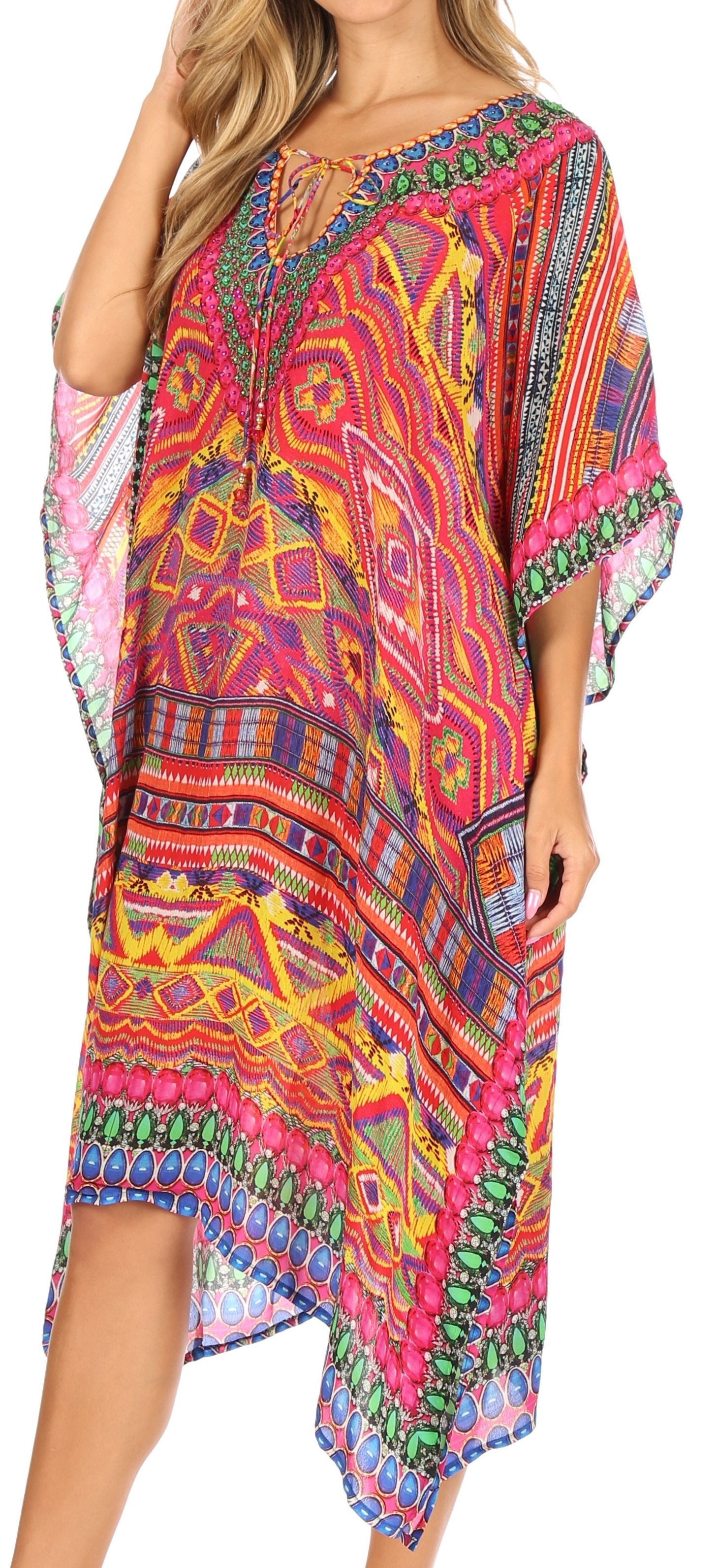 Sakkas - Jenni Mid Length Boho Caftan Kaftan Dress Cover up Flowy Rhinestone