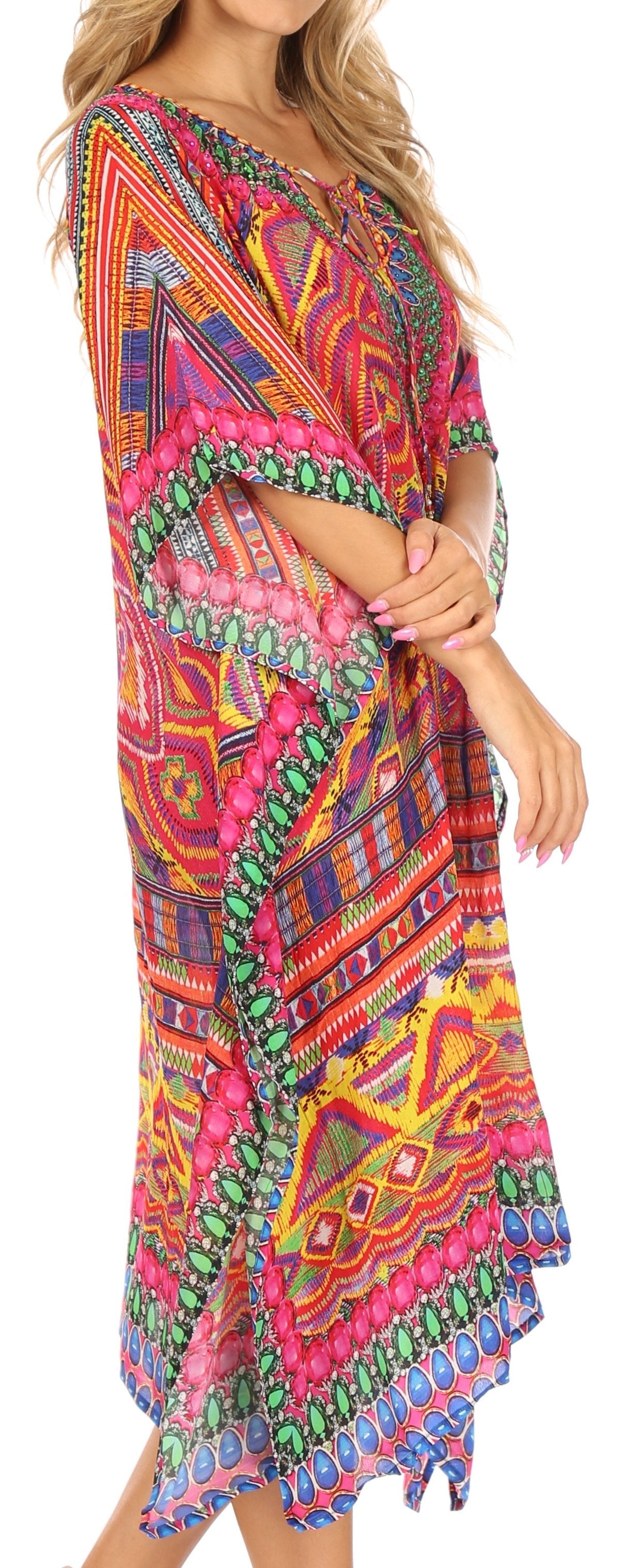Sakkas - Jenni Mid Length Boho Caftan Kaftan Dress Cover up Flowy Rhinestone