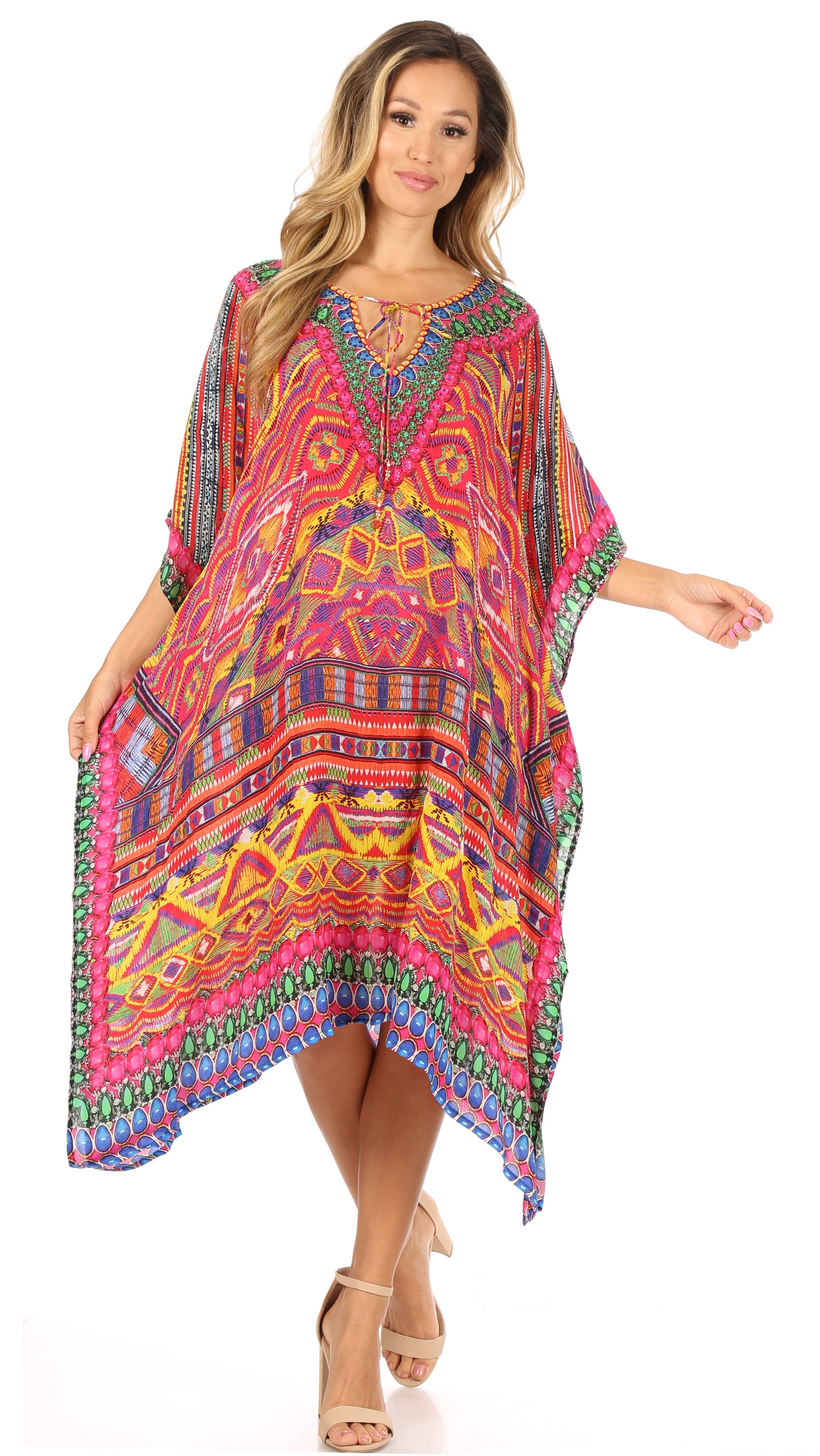 Sakkas - Jenni Mid Length Boho Caftan Kaftan Dress Cover up Flowy Rhinestone
