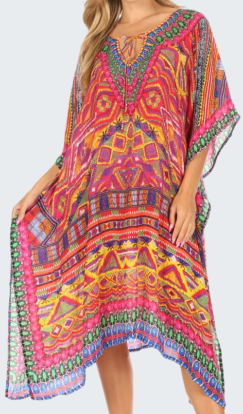 Colorful patterned dress with a white background