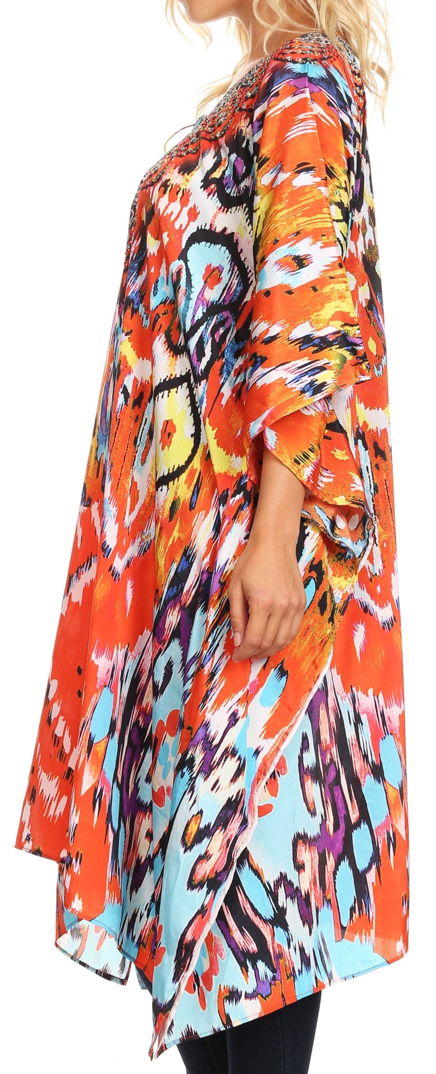 Sakkas - Jenni Mid Length Boho Caftan Kaftan Dress Cover up Flowy Rhinestone