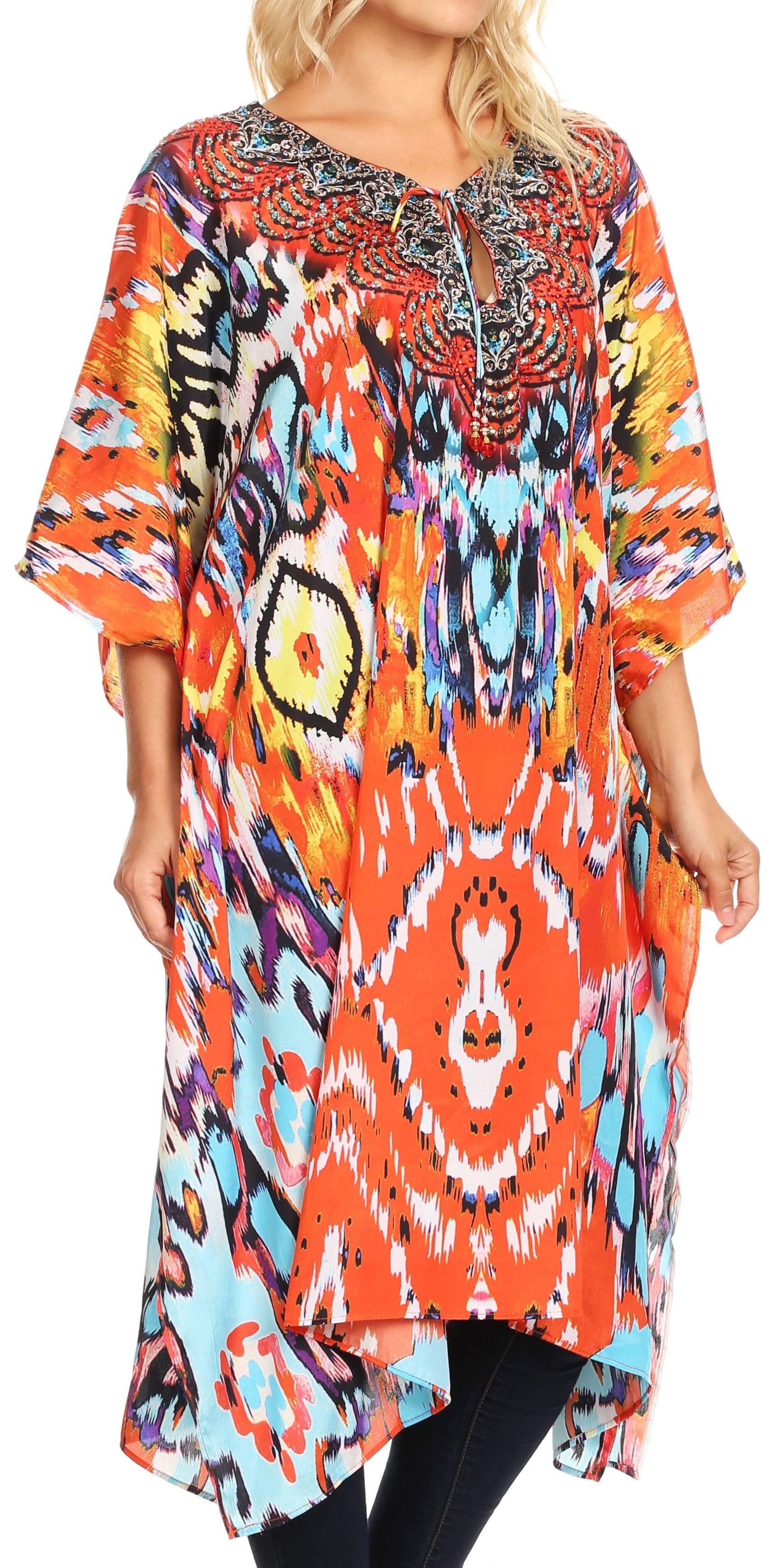 Sakkas - Jenni Mid Length Boho Caftan Kaftan Dress Cover up Flowy Rhinestone