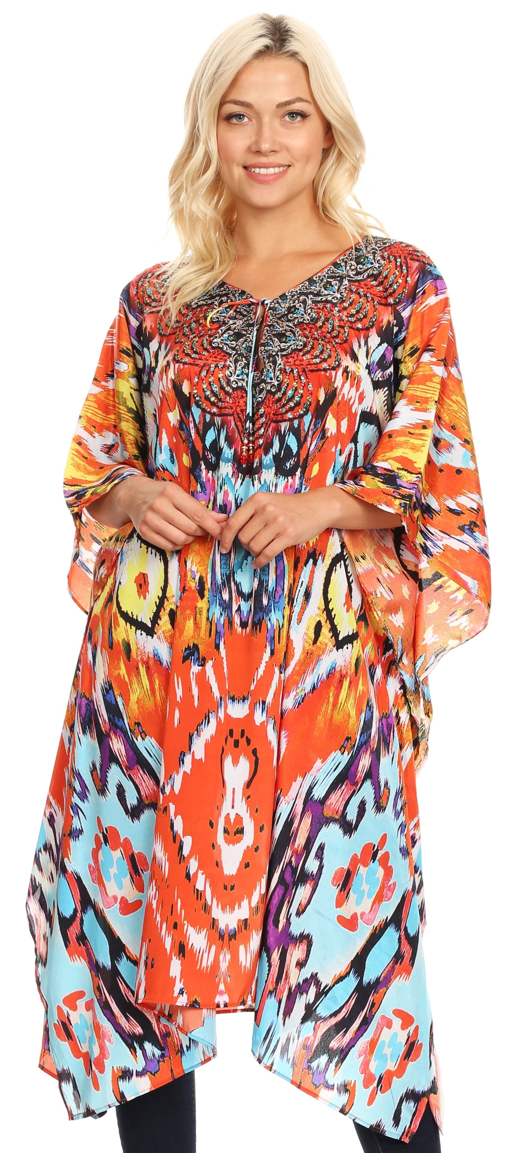Sakkas - Jenni Mid Length Boho Caftan Kaftan Dress Cover up Flowy Rhinestone