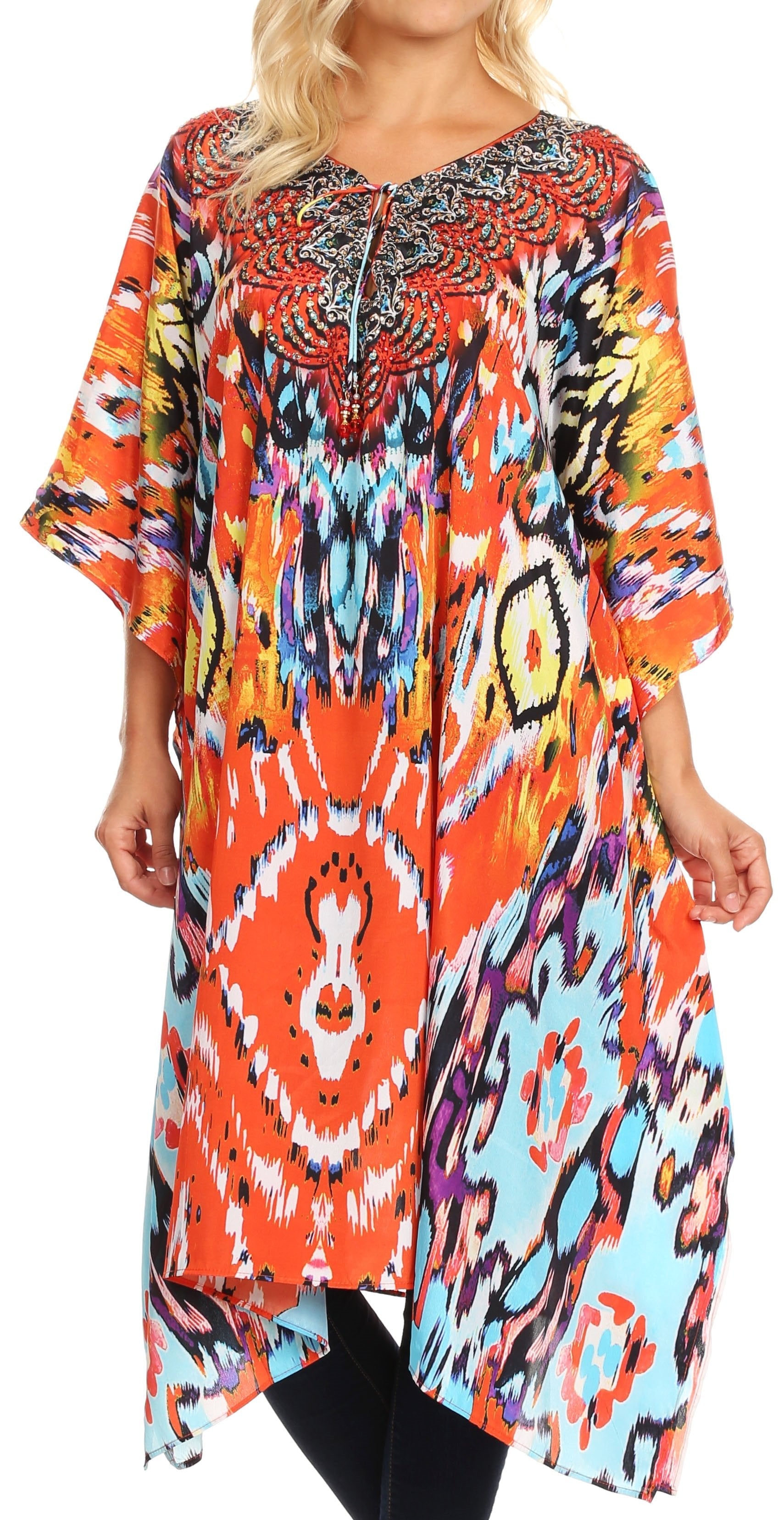 Sakkas - Jenni Mid Length Boho Caftan Kaftan Dress Cover up Flowy Rhinestone