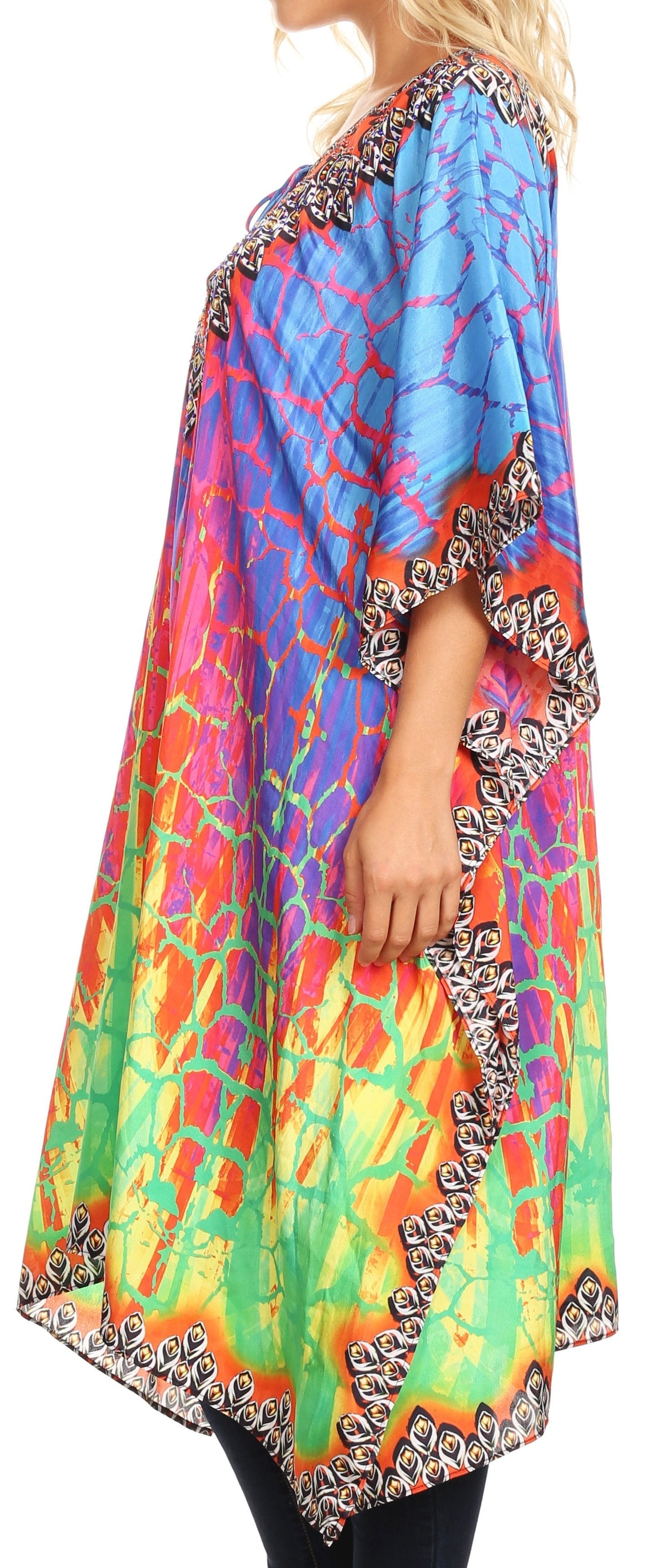 Sakkas - Jenni Mid Length Boho Caftan Kaftan Dress Cover up Flowy Rhinestone