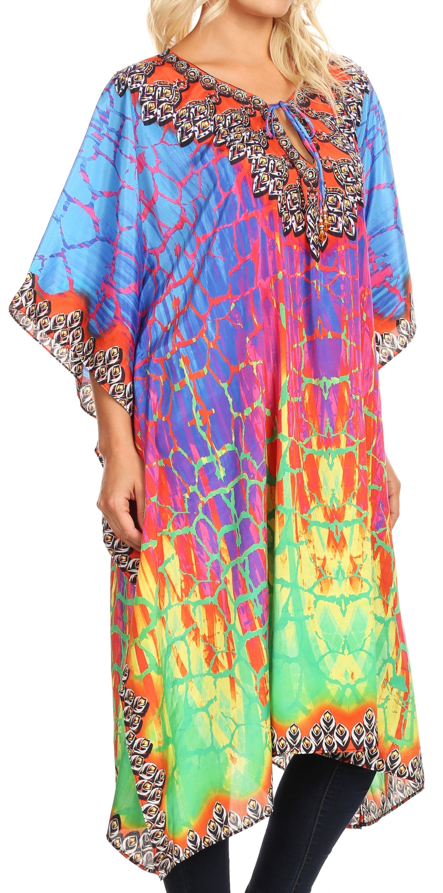 Sakkas - Jenni Mid Length Boho Caftan Kaftan Dress Cover up Flowy Rhinestone