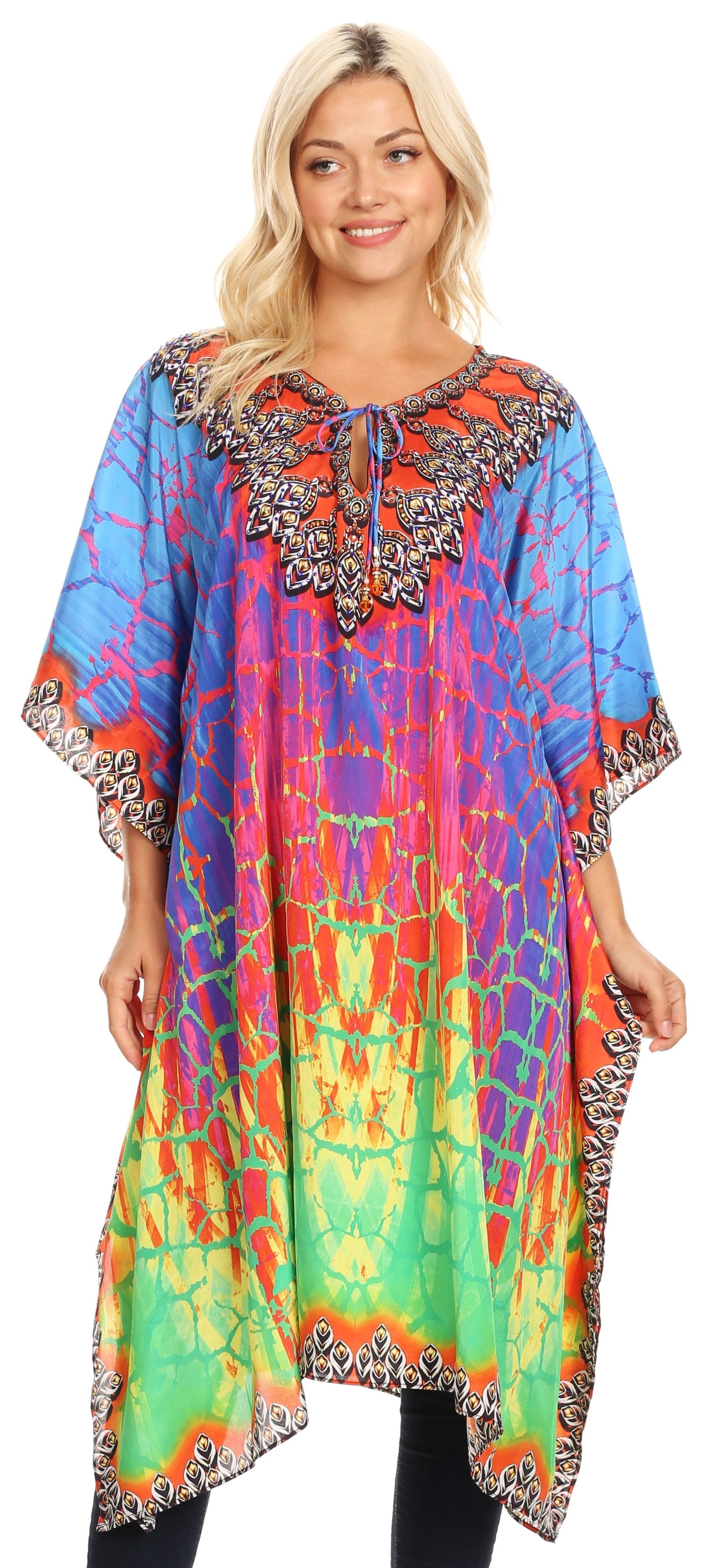 Sakkas - Jenni Mid Length Boho Caftan Kaftan Dress Cover up Flowy Rhinestone