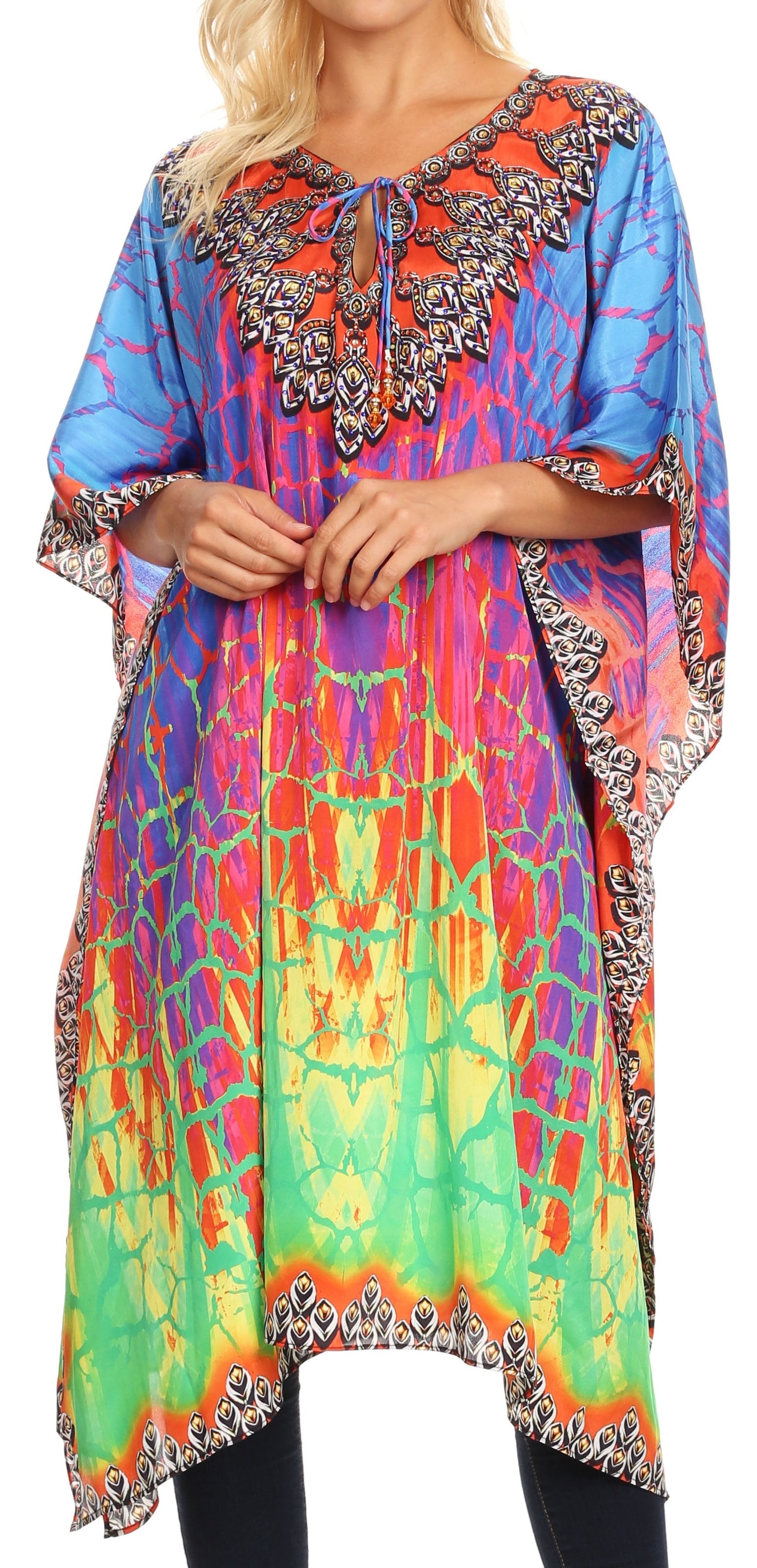 Sakkas - Jenni Mid Length Boho Caftan Kaftan Dress Cover up Flowy Rhinestone