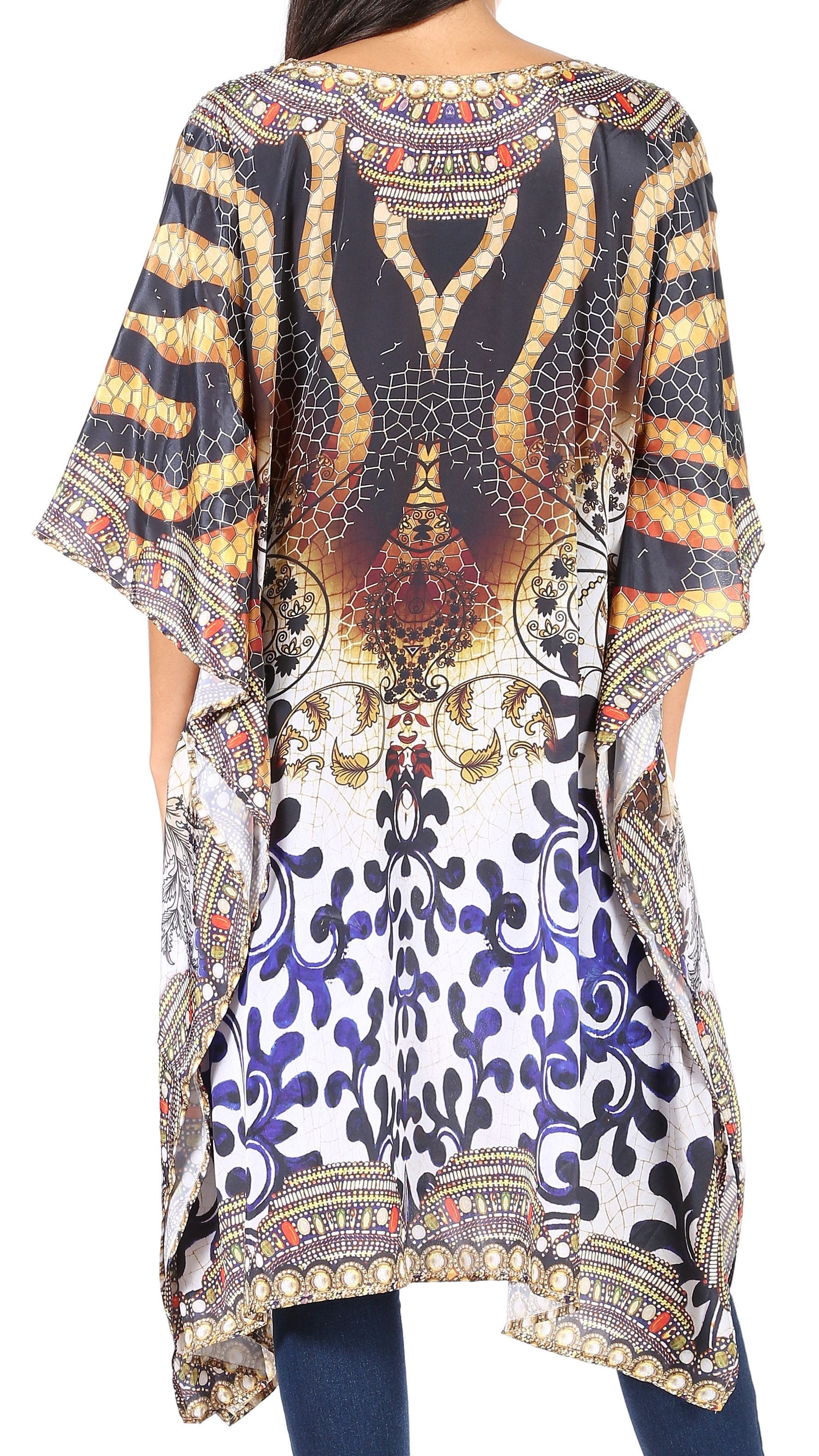 Sakkas - Jenni Mid Length Boho Caftan Kaftan Dress Cover up Flowy Rhinestone