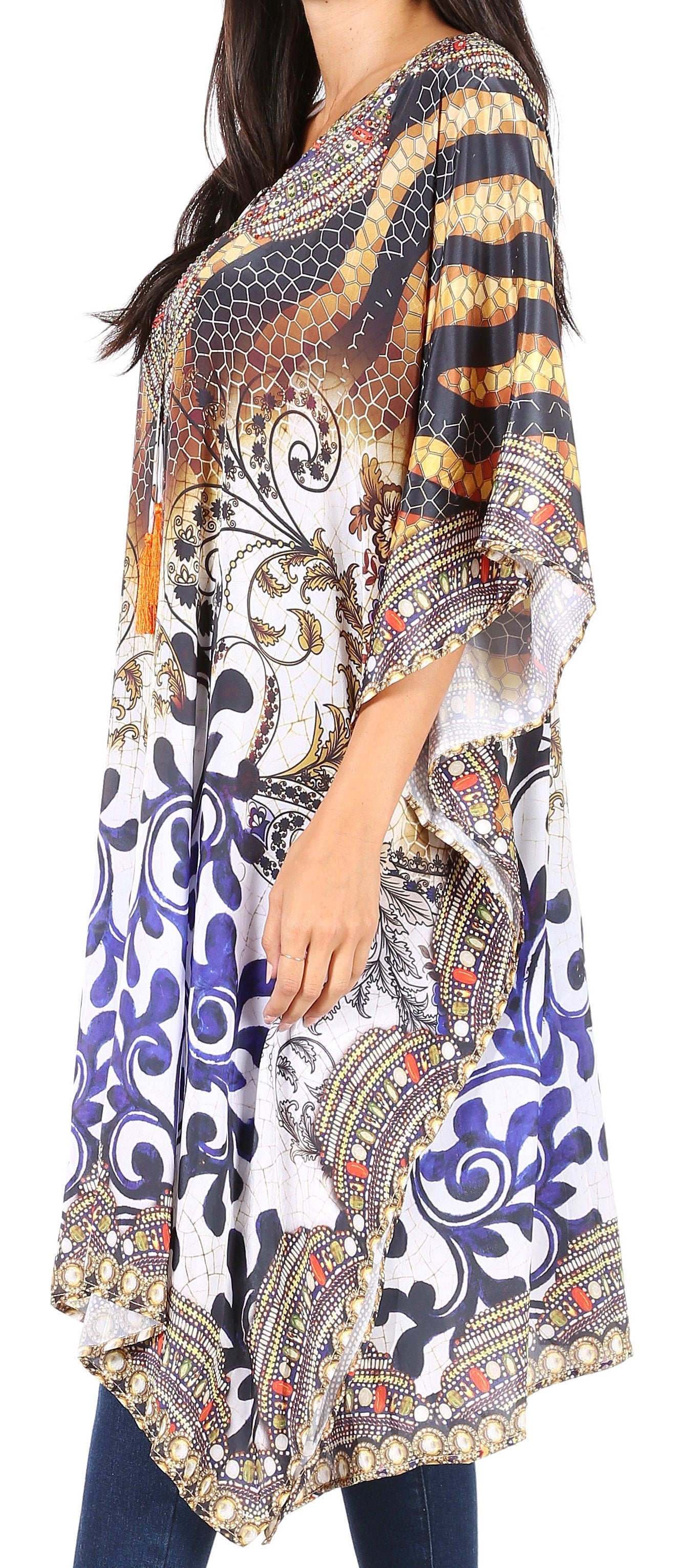 Sakkas - Jenni Mid Length Boho Caftan Kaftan Dress Cover up Flowy Rhinestone