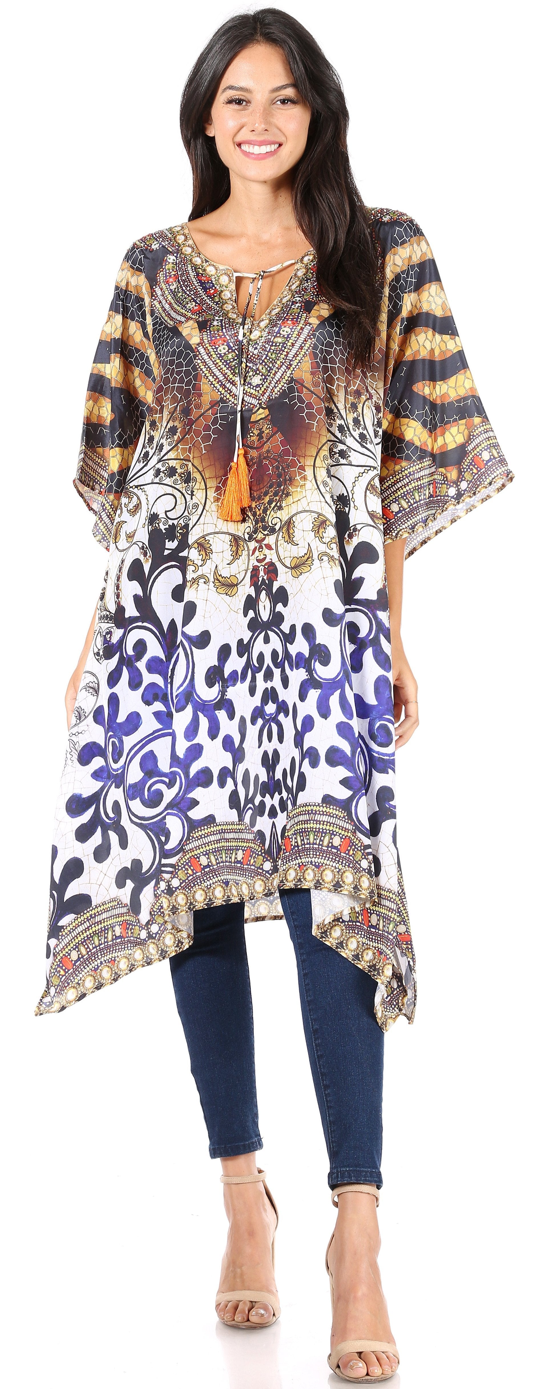 Sakkas - Jenni Mid Length Boho Caftan Kaftan Dress Cover up Flowy Rhinestone