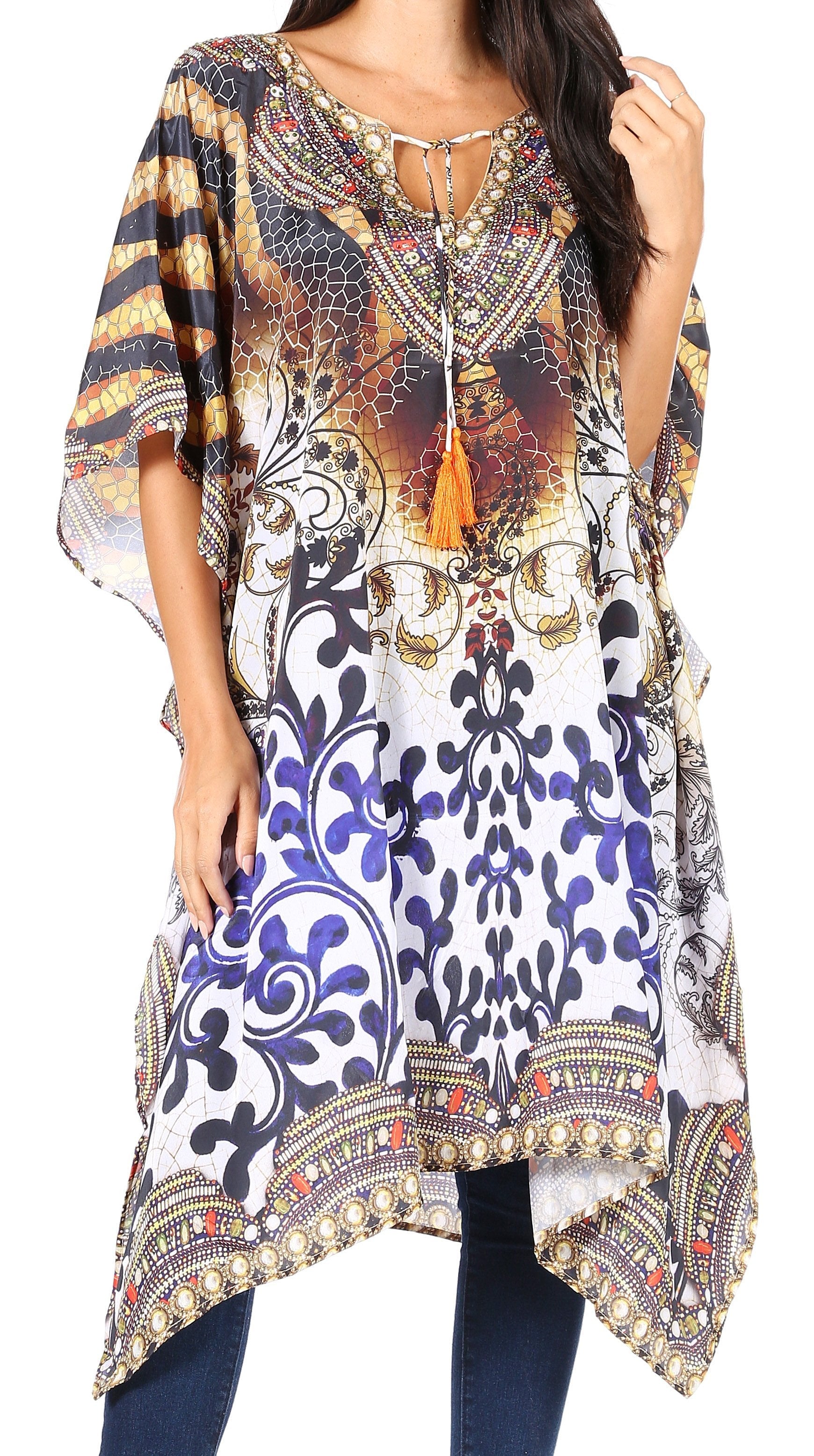 Sakkas - Jenni Mid Length Boho Caftan Kaftan Dress Cover up Flowy Rhinestone