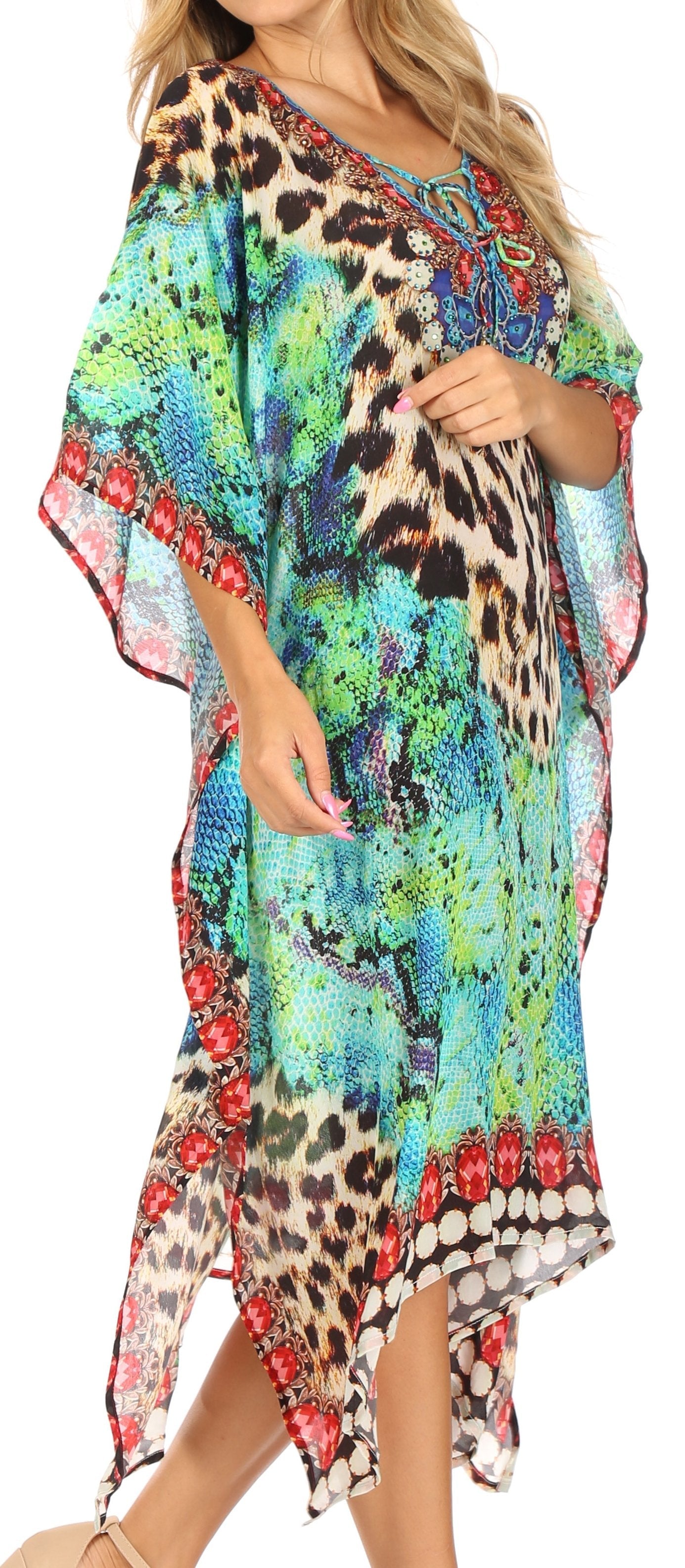 Sakkas - Jenni Mid Length Boho Caftan Kaftan Dress Cover up Flowy Rhinestone