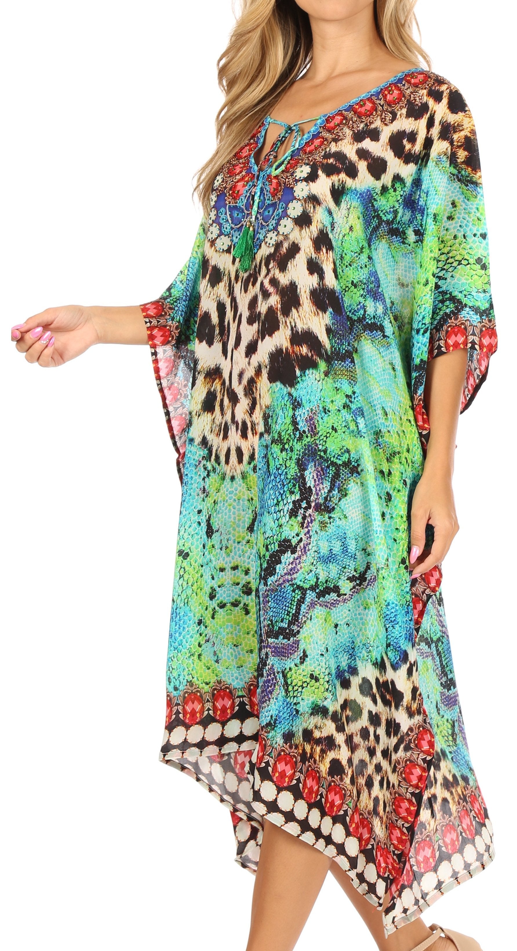 Sakkas - Jenni Mid Length Boho Caftan Kaftan Dress Cover up Flowy Rhinestone