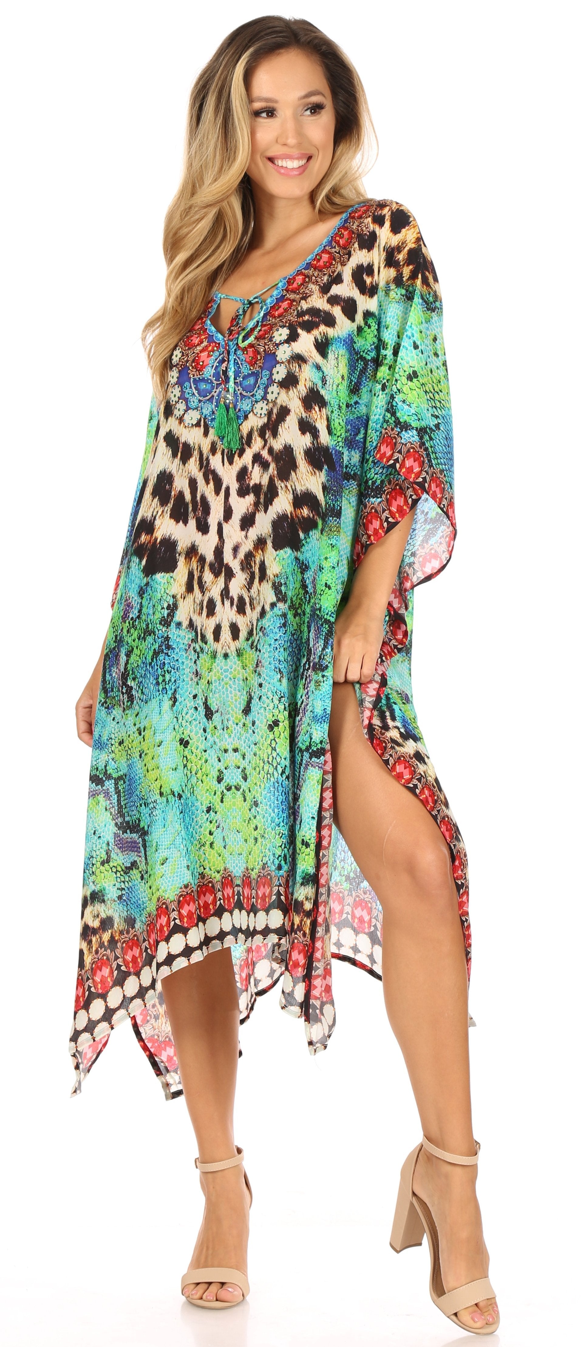 Sakkas - Jenni Mid Length Boho Caftan Kaftan Dress Cover up Flowy Rhinestone