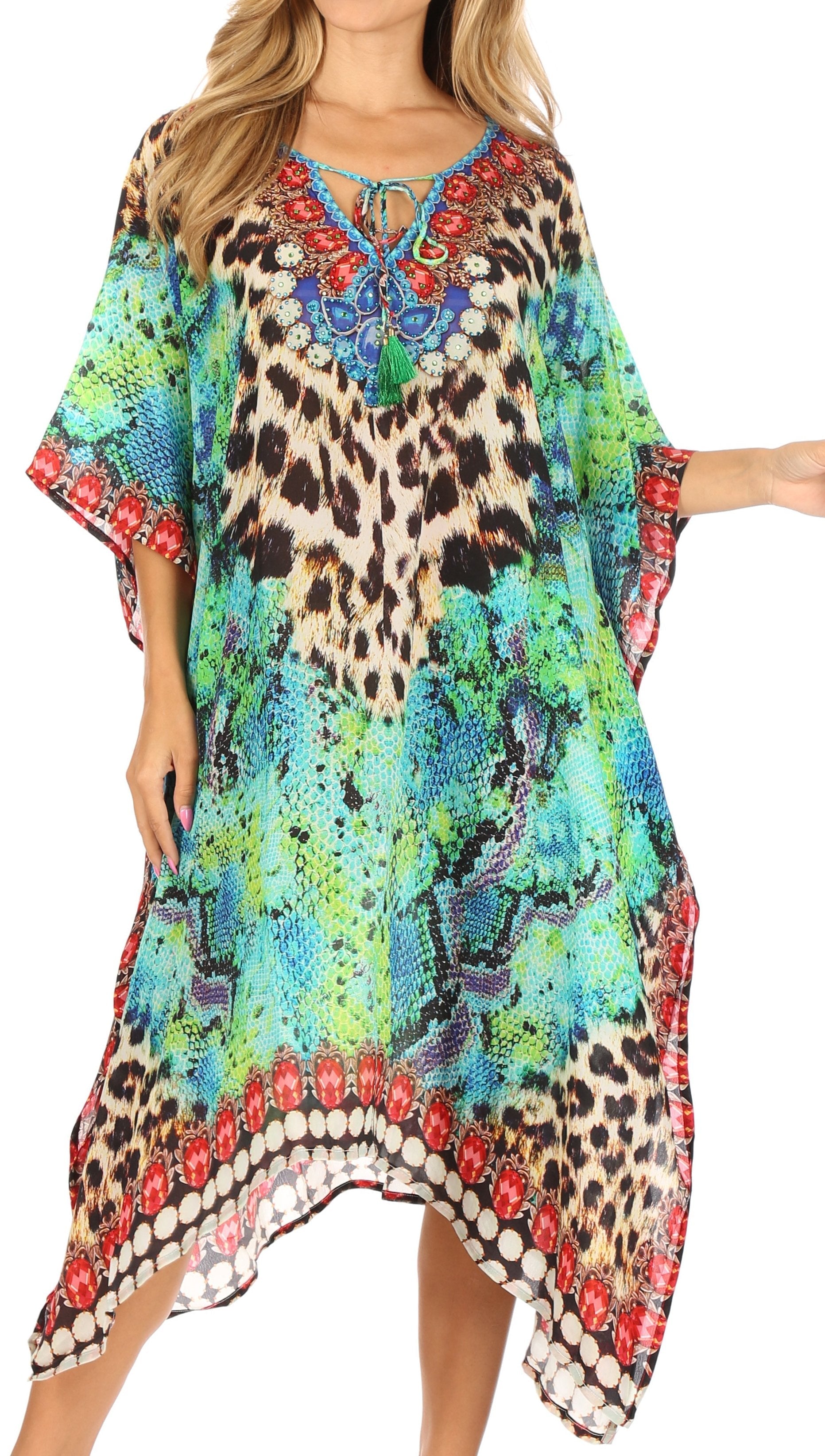 Sakkas - Jenni Mid Length Boho Caftan Kaftan Dress Cover up Flowy Rhinestone