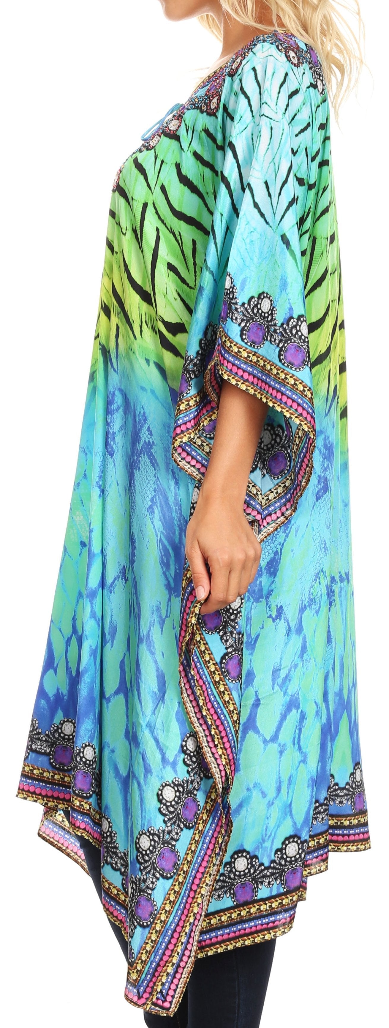 Sakkas - Jenni Mid Length Boho Caftan Kaftan Dress Cover up Flowy Rhinestone