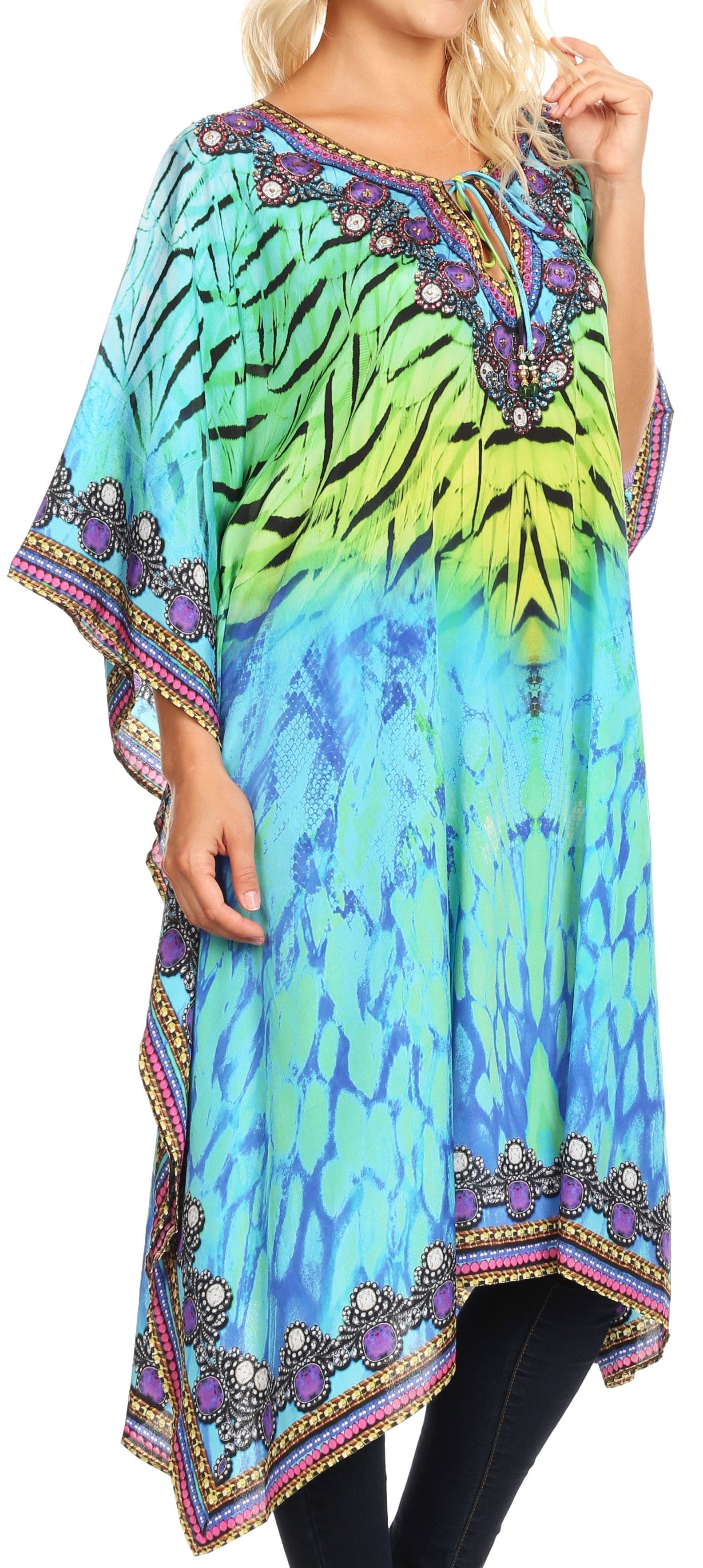 Sakkas - Jenni Mid Length Boho Caftan Kaftan Dress Cover up Flowy Rhinestone