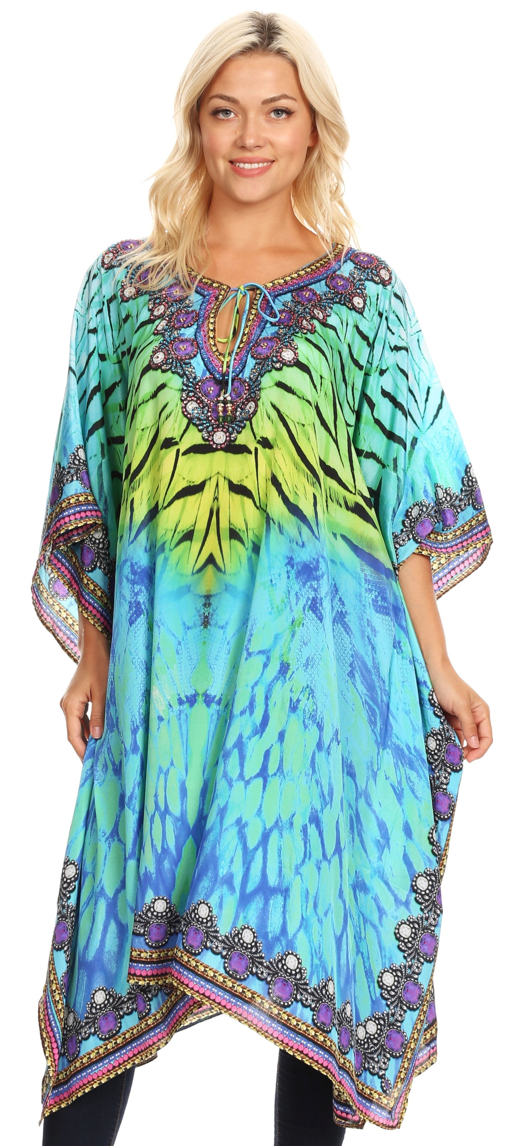 Sakkas - Jenni Mid Length Boho Caftan Kaftan Dress Cover up Flowy Rhinestone