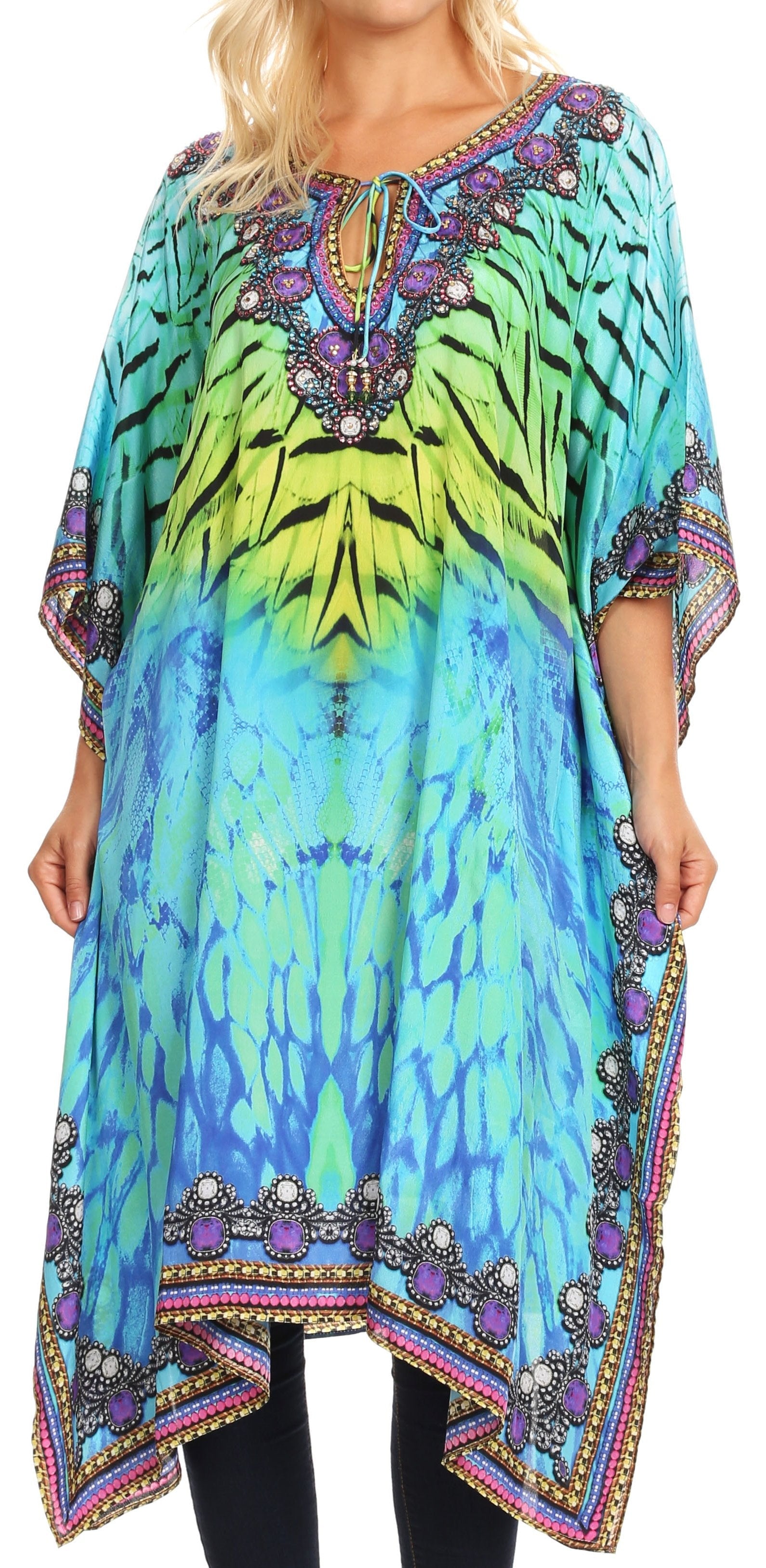 Sakkas - Jenni Mid Length Boho Caftan Kaftan Dress Cover up Flowy Rhinestone