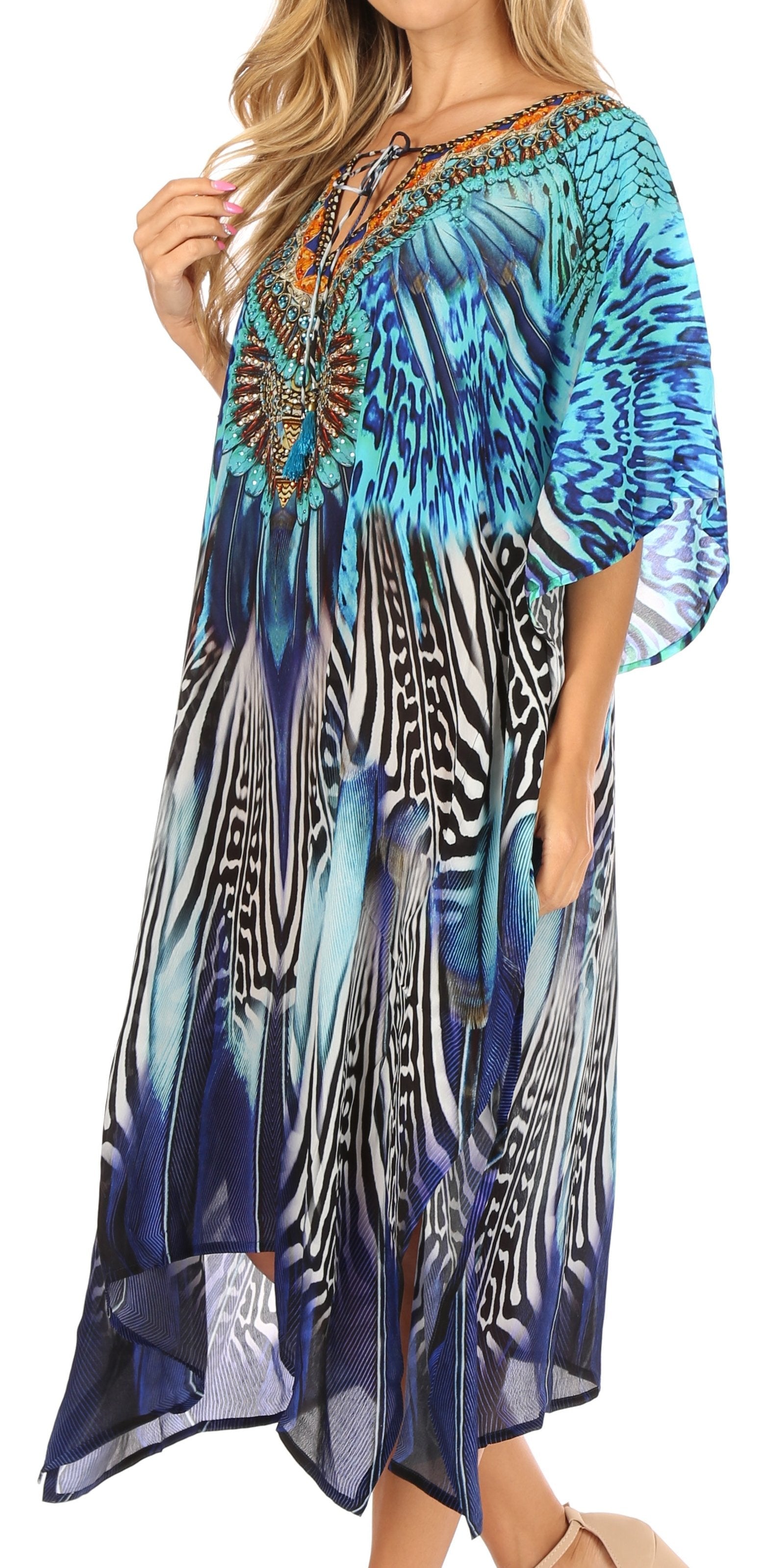 Sakkas - Jenni Mid Length Boho Caftan Kaftan Dress Cover up Flowy Rhinestone