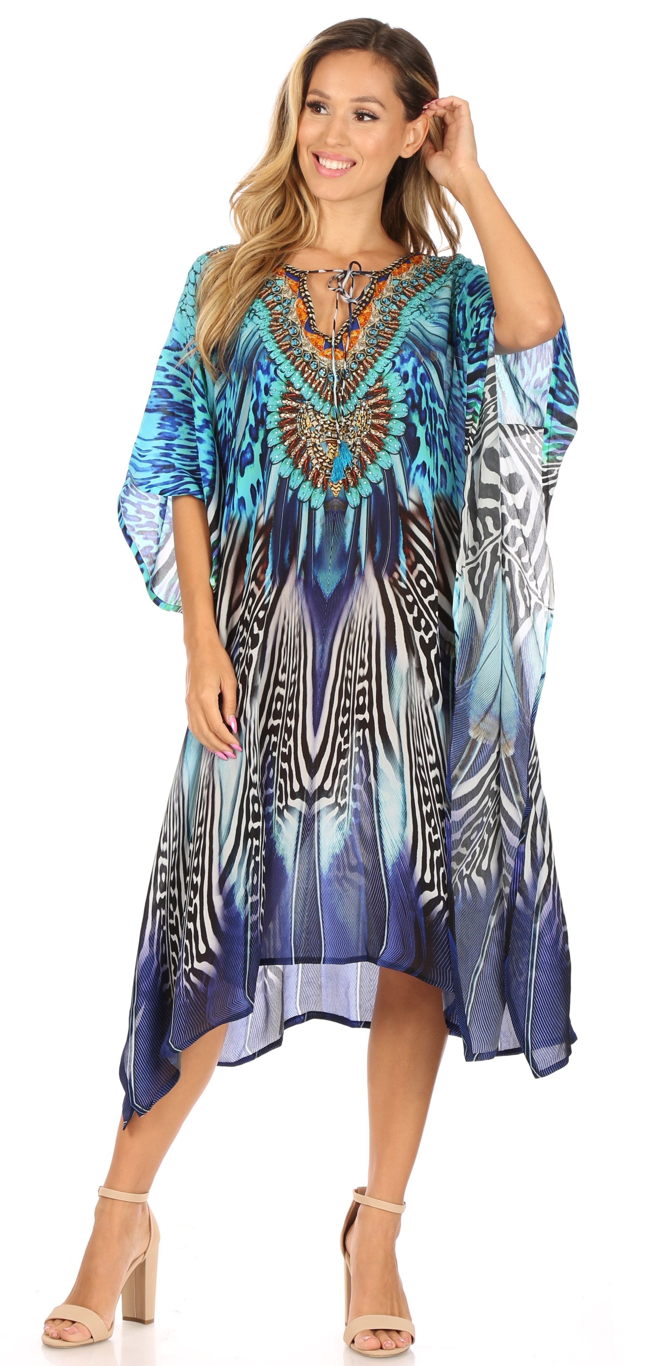 Sakkas - Jenni Mid Length Boho Caftan Kaftan Dress Cover up Flowy Rhinestone