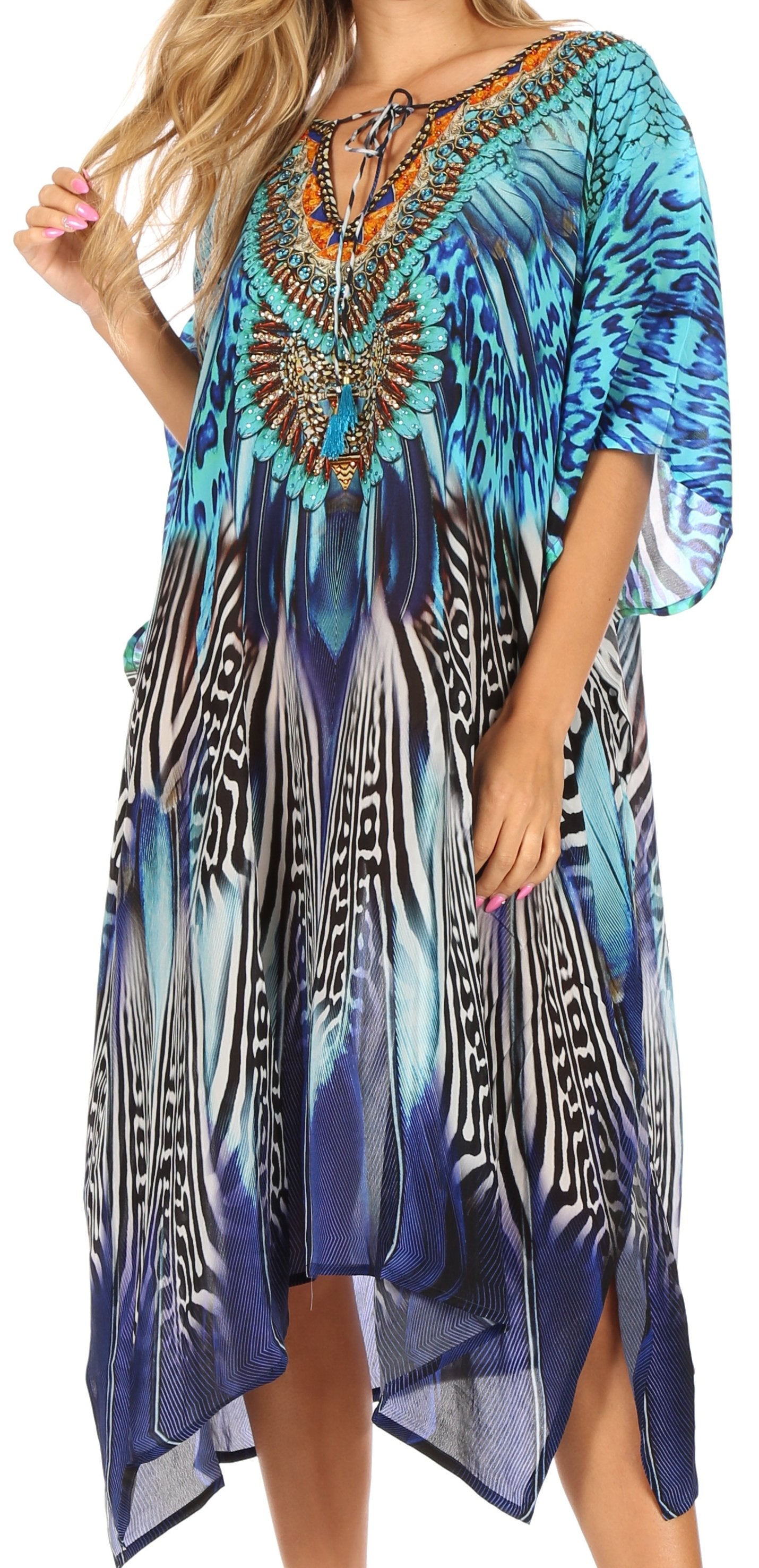 Sakkas - Jenni Mid Length Boho Caftan Kaftan Dress Cover up Flowy Rhinestone