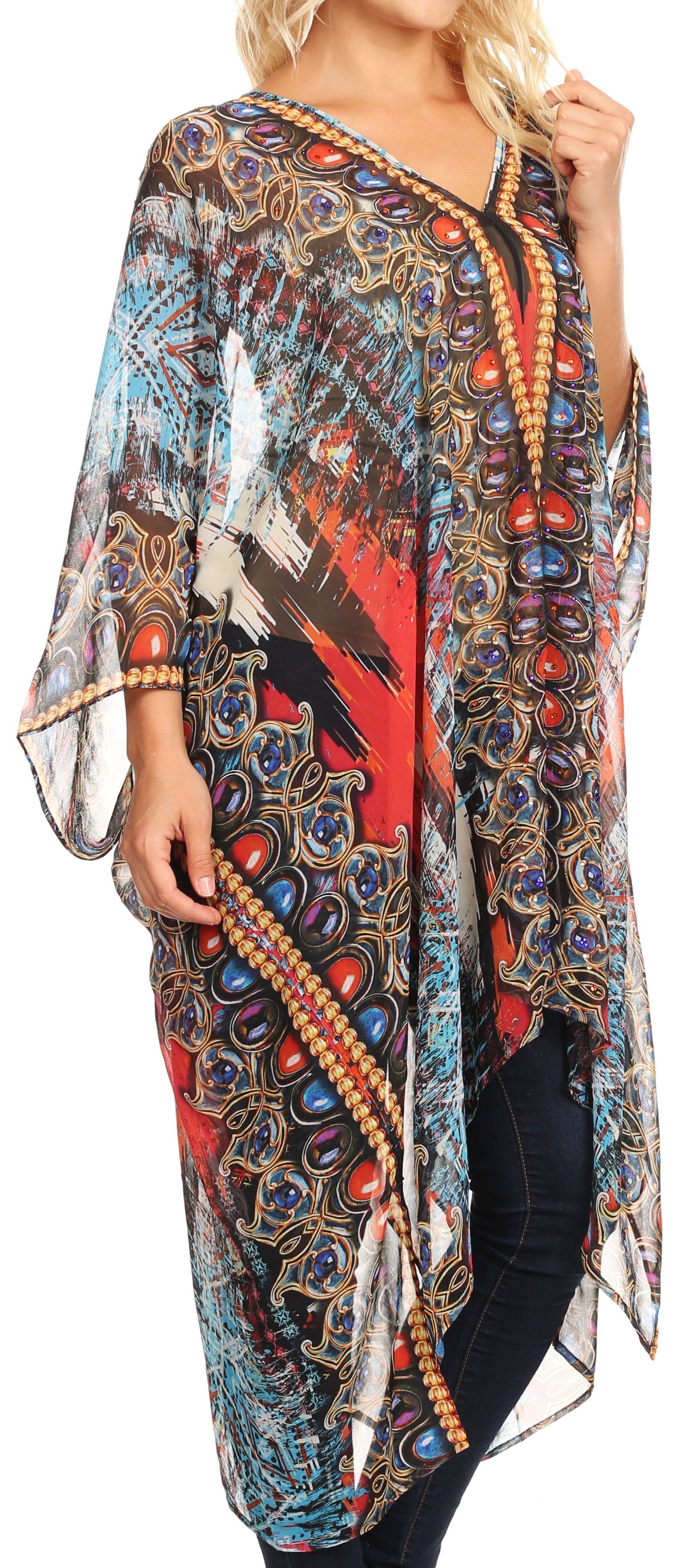Sakkas - Livi V Neck Beach Dress Cover up Caftan Top Loose with Rhinestone
