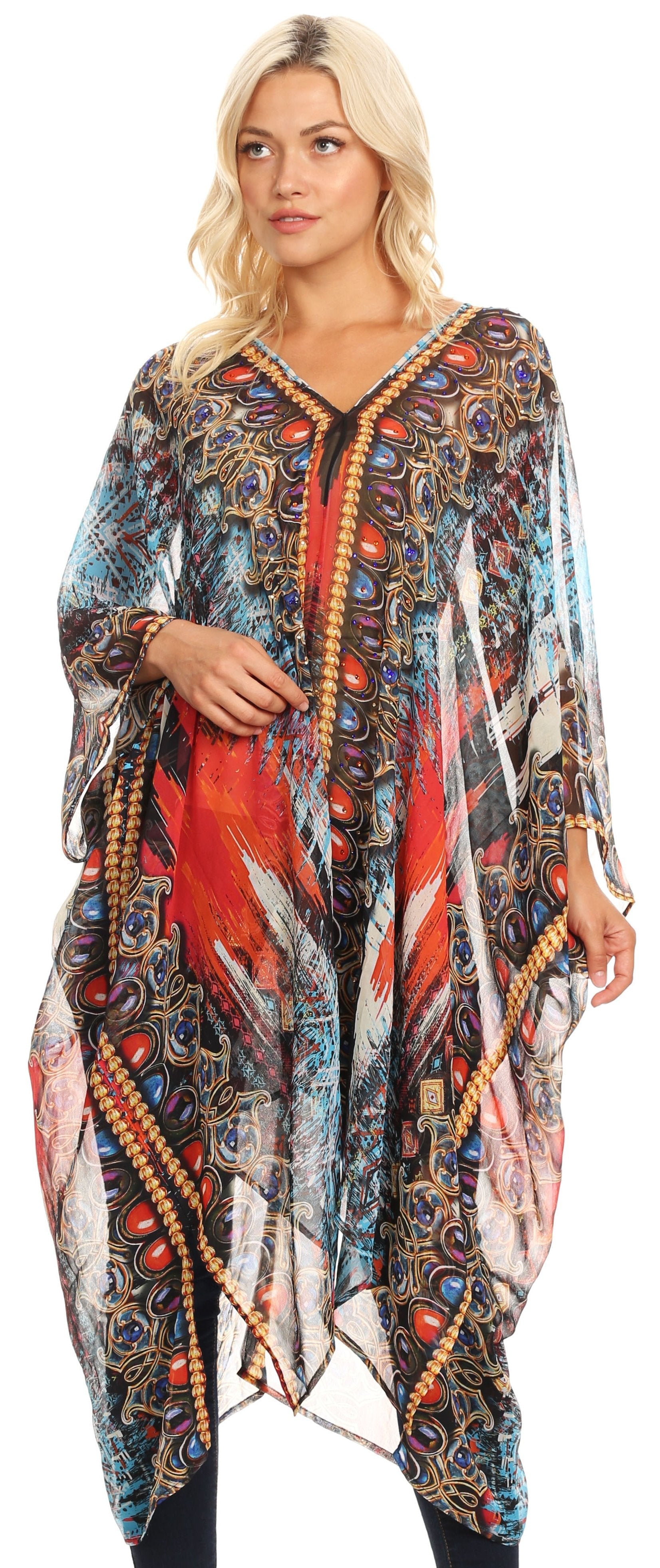 Sakkas - Livi V Neck Beach Dress Cover up Caftan Top Loose with Rhinestone