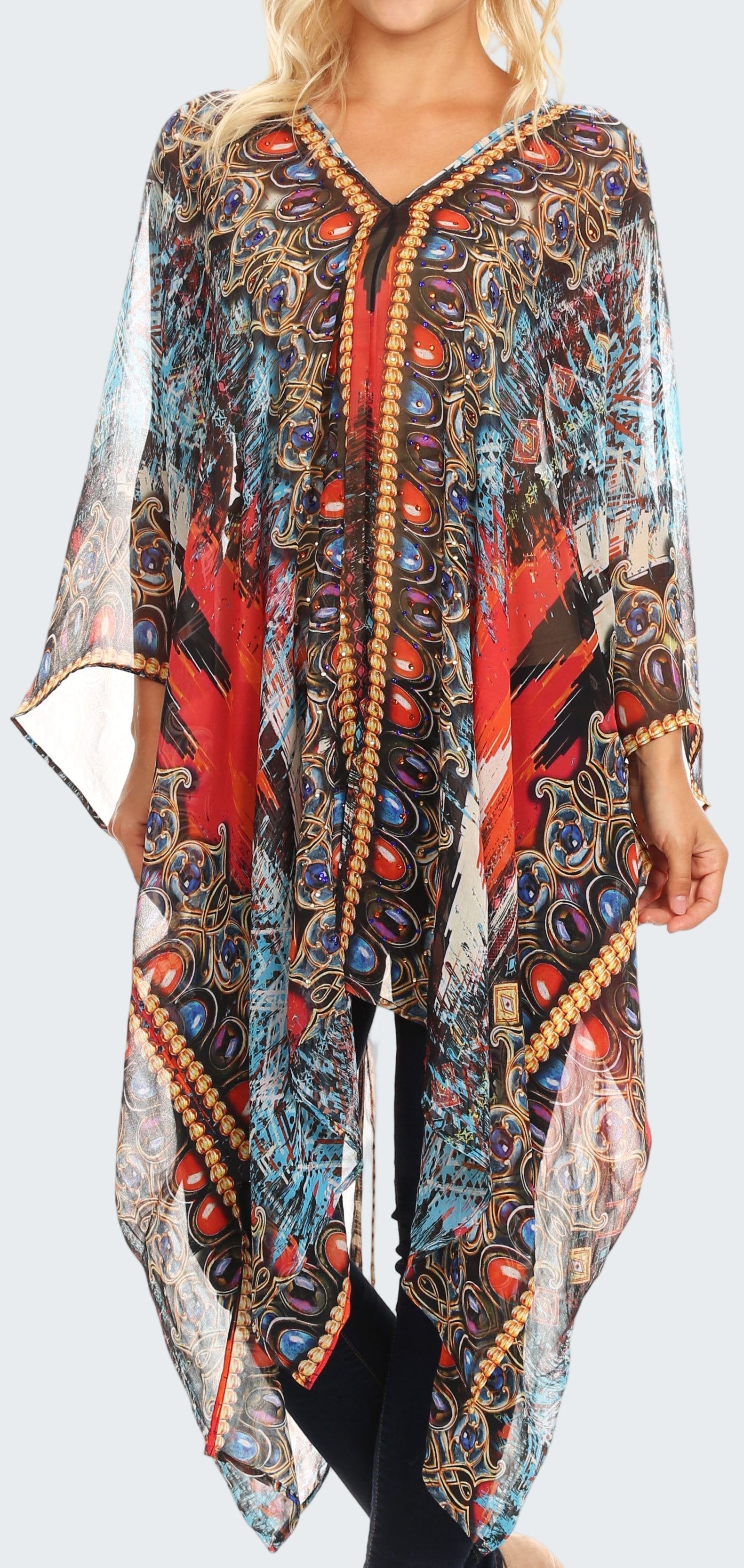 Colorful patterned kimono-style garment worn by a model on a white background