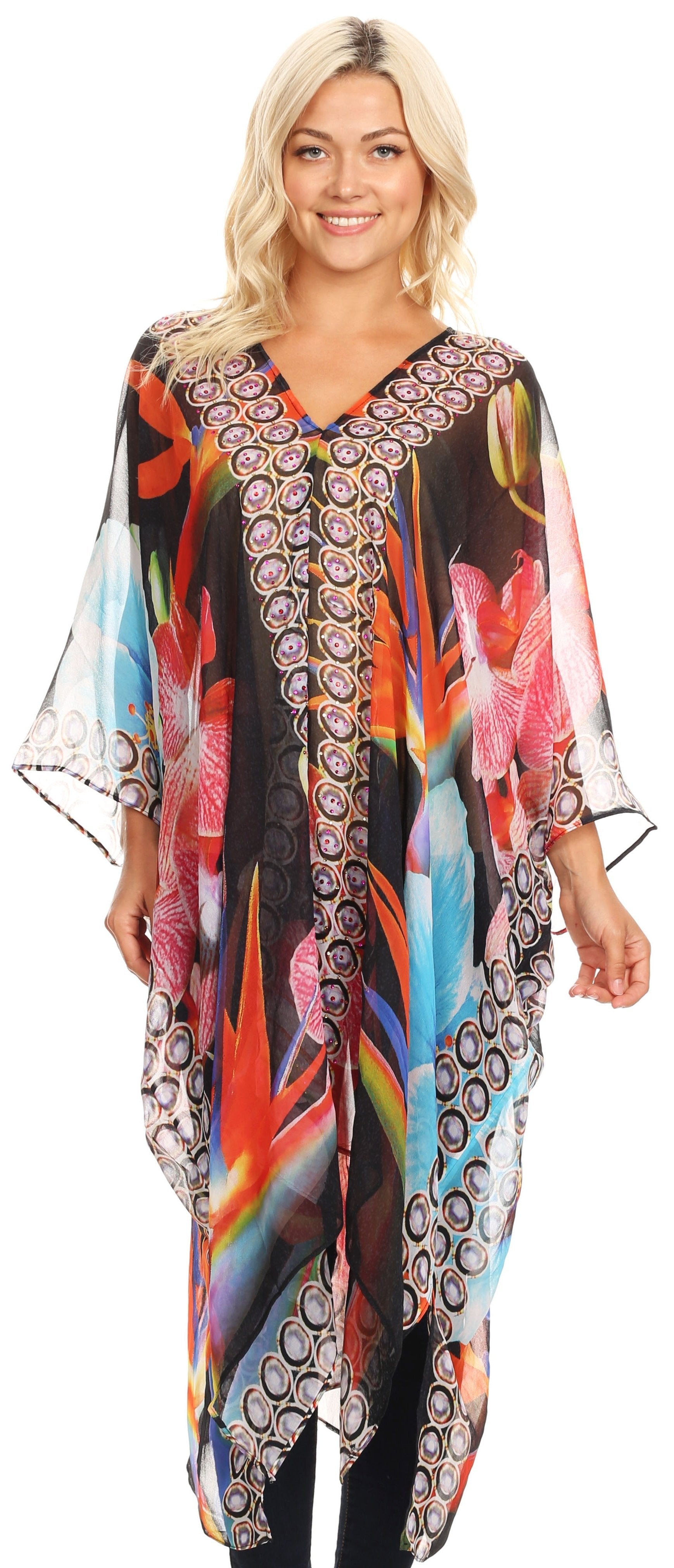 Sakkas - Livi V Neck Beach Dress Cover up Caftan Top Loose with Rhinestone