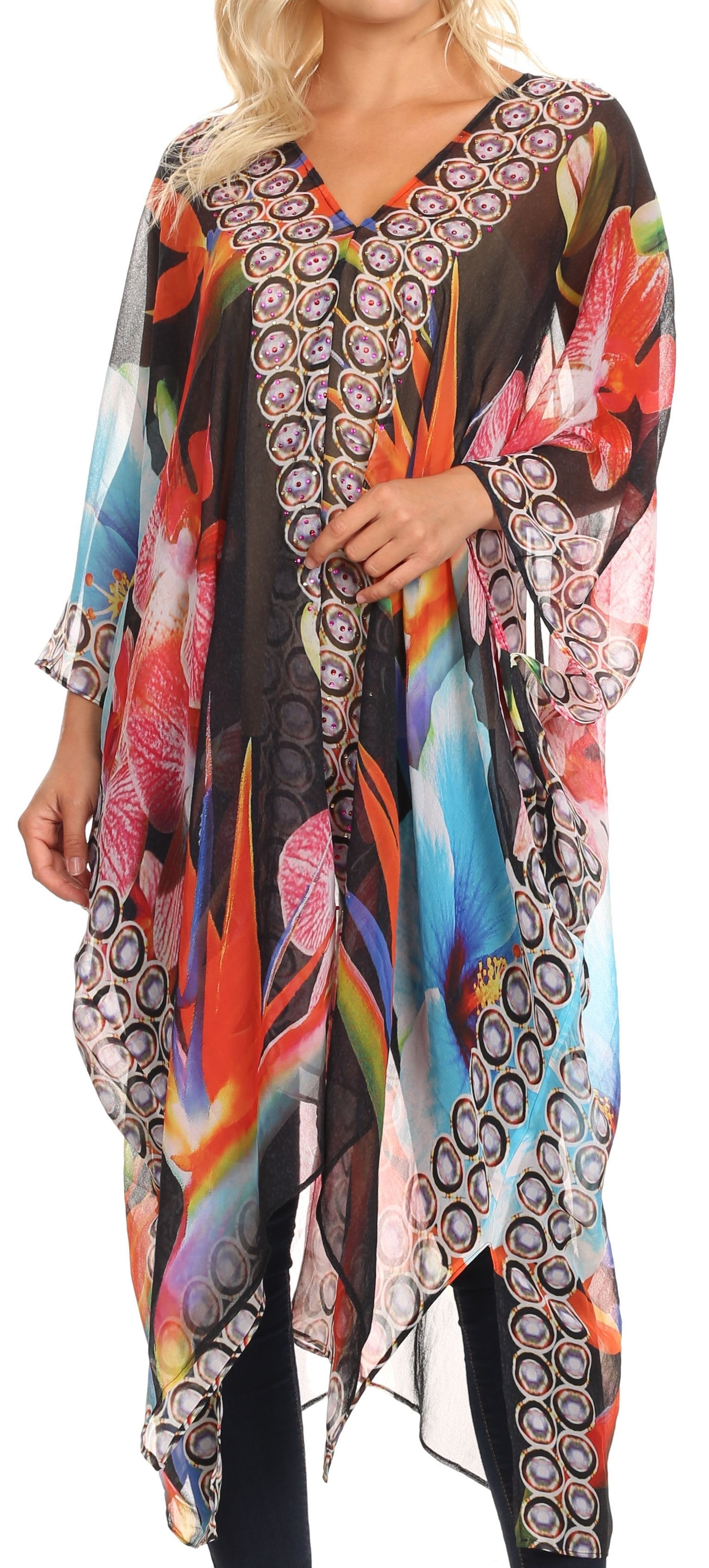 Sakkas - Livi V Neck Beach Dress Cover up Caftan Top Loose with Rhinestone