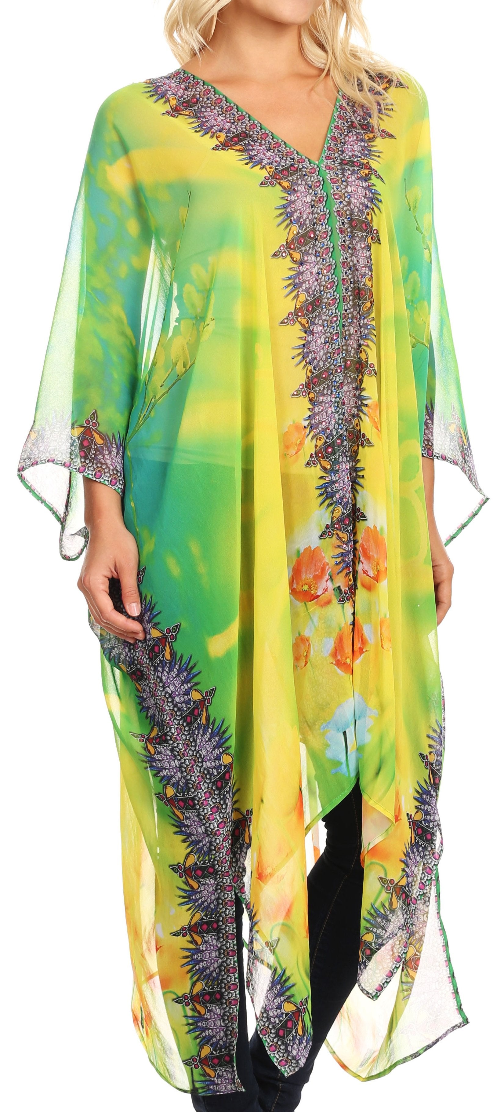 Sakkas - Livi V Neck Beach Dress Cover up Caftan Top Loose with Rhinestone