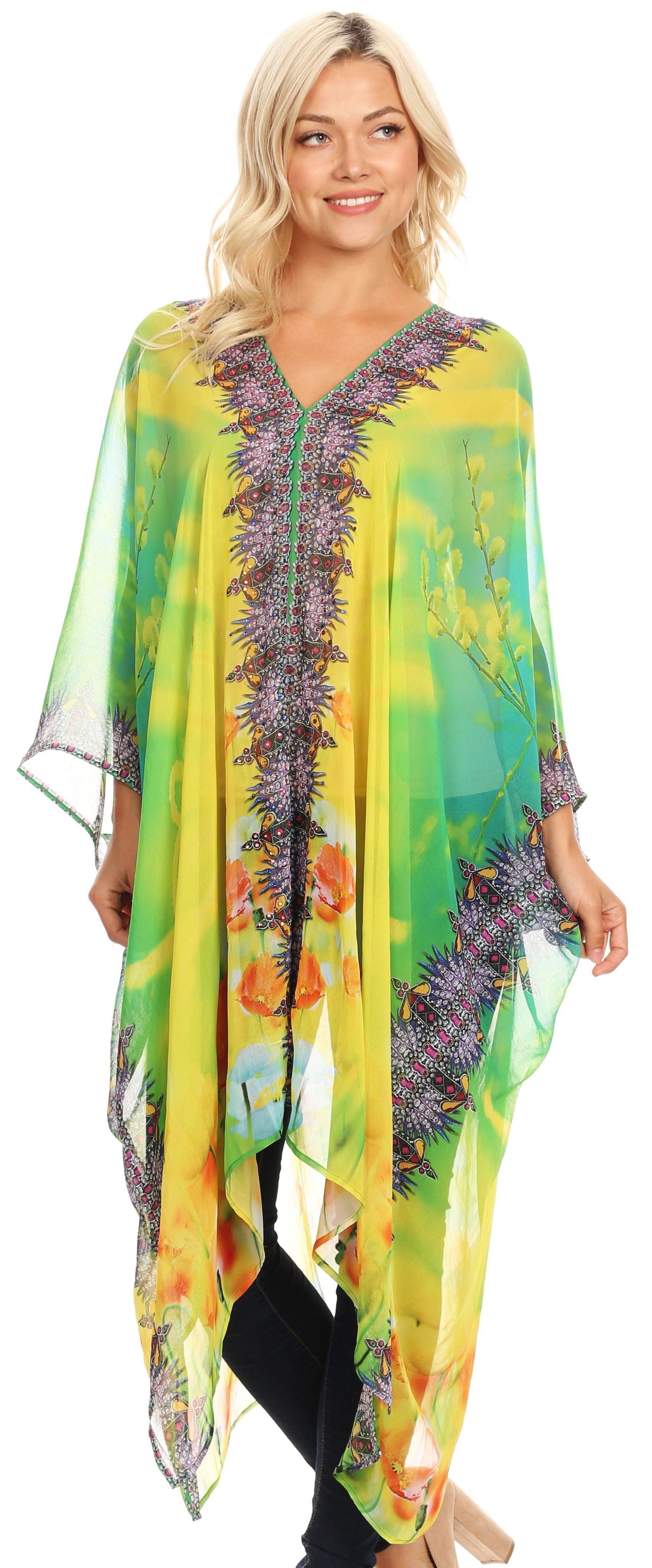Sakkas - Livi V Neck Beach Dress Cover up Caftan Top Loose with Rhinestone