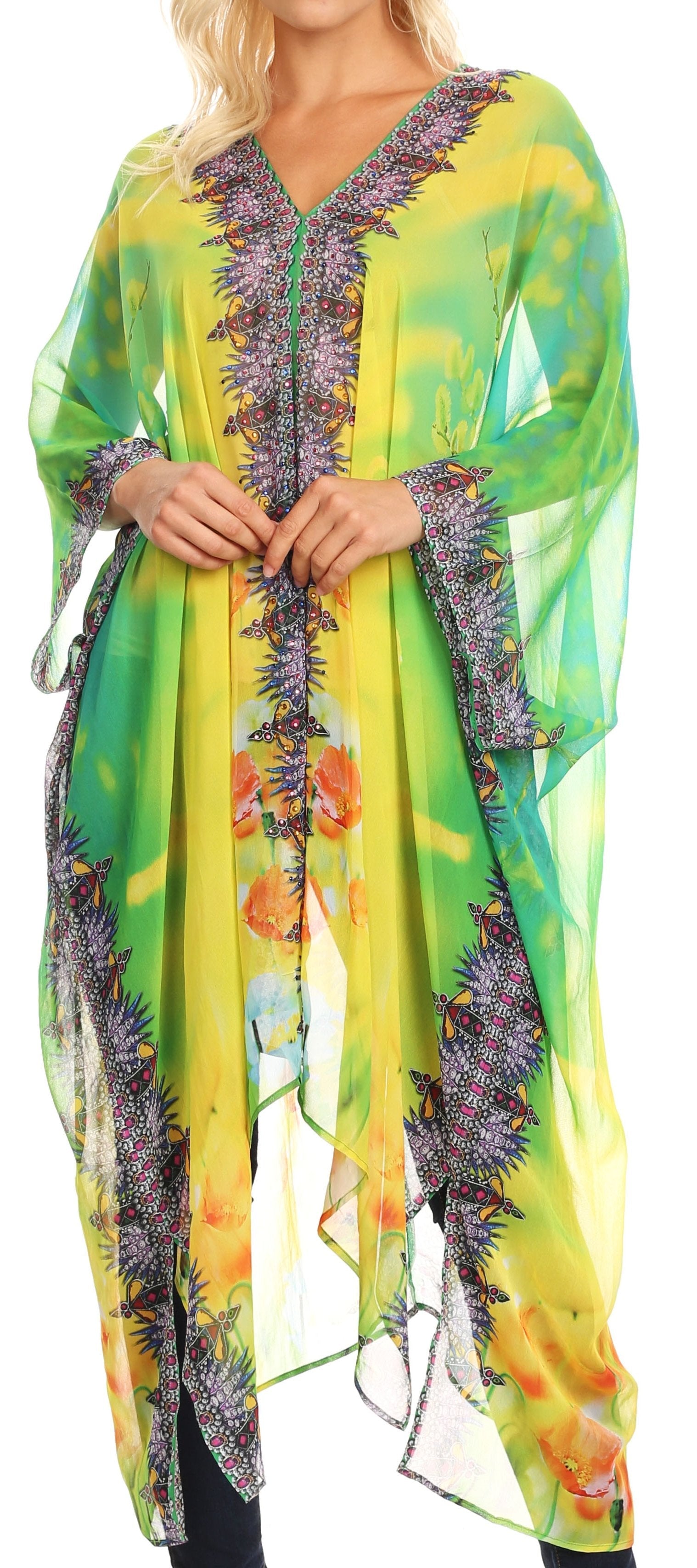 Sakkas - Livi V Neck Beach Dress Cover up Caftan Top Loose with Rhinestone