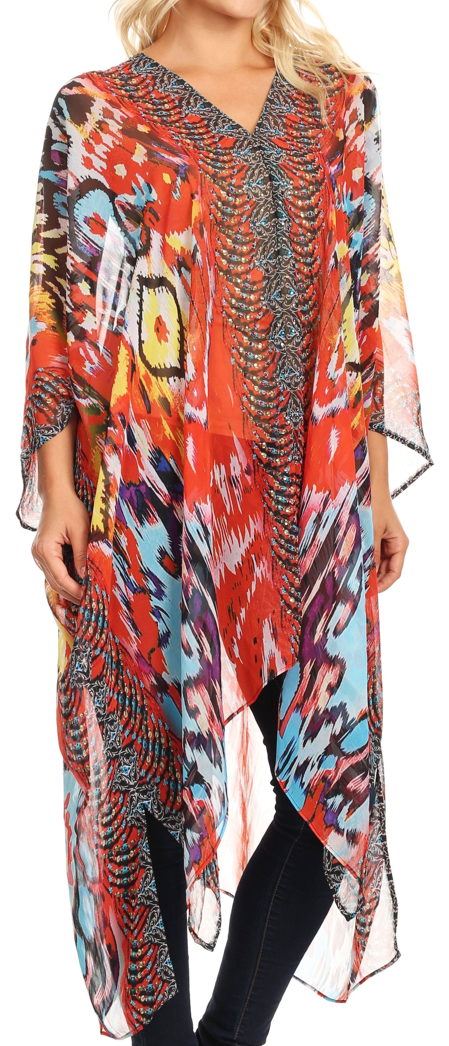 Sakkas - Livi V Neck Beach Dress Cover up Caftan Top Loose with Rhinestone