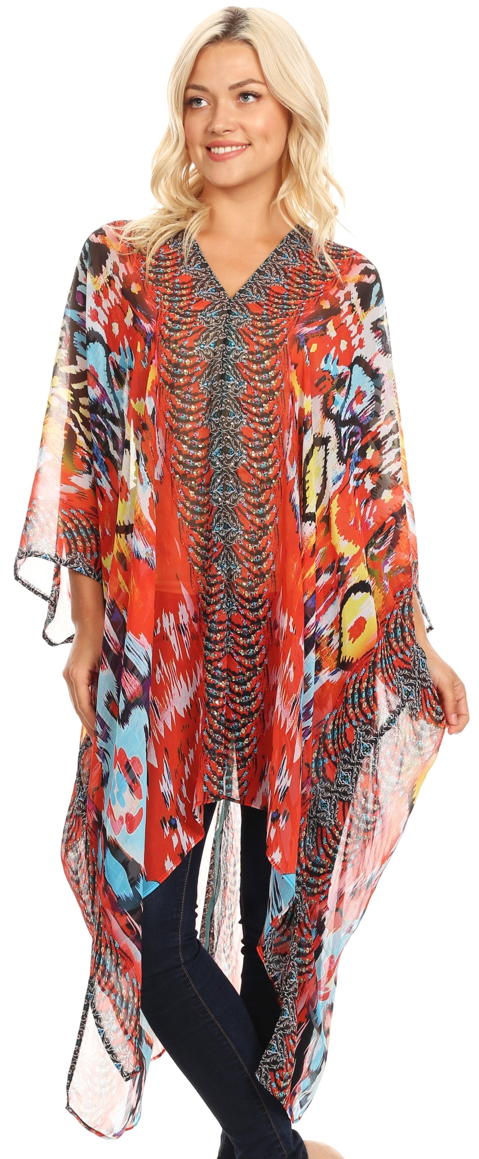 Sakkas - Livi V Neck Beach Dress Cover up Caftan Top Loose with Rhinestone