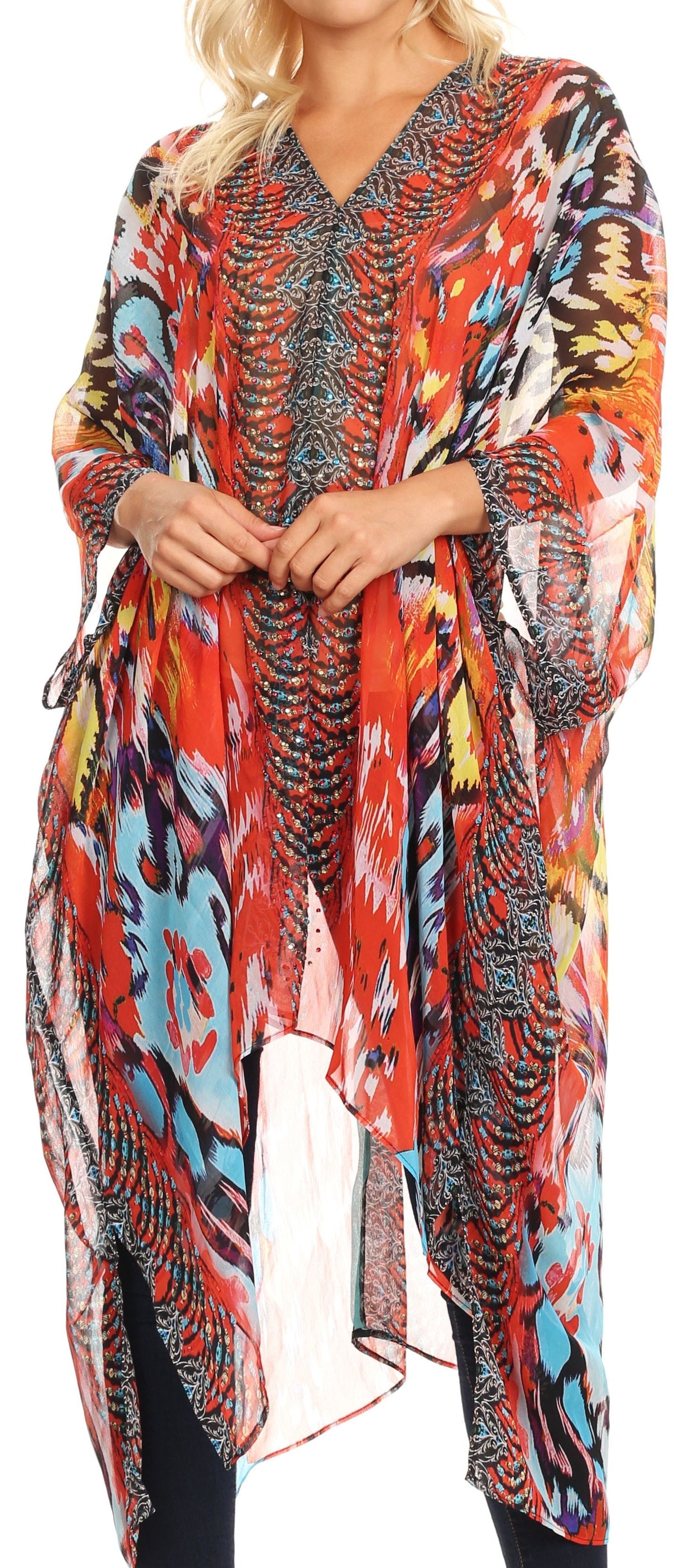 Sakkas - Livi V Neck Beach Dress Cover up Caftan Top Loose with Rhinestone