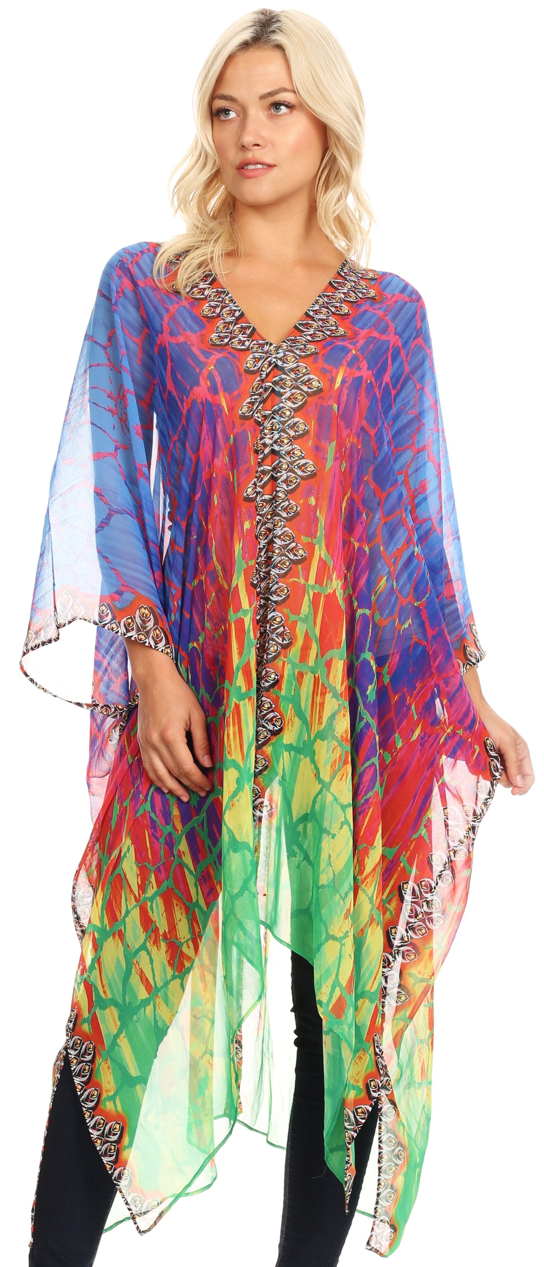 Sakkas - Livi V Neck Beach Dress Cover up Caftan Top Loose with Rhinestone