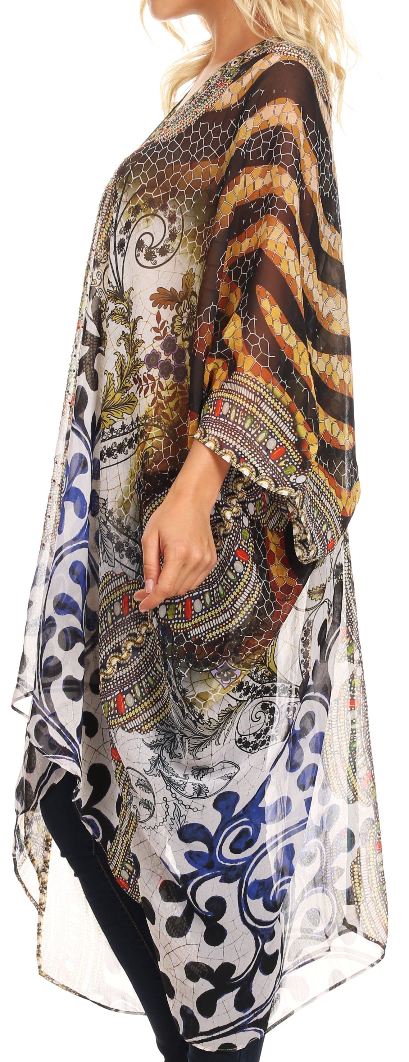 Sakkas - Livi V Neck Beach Dress Cover up Caftan Top Loose with Rhinestone