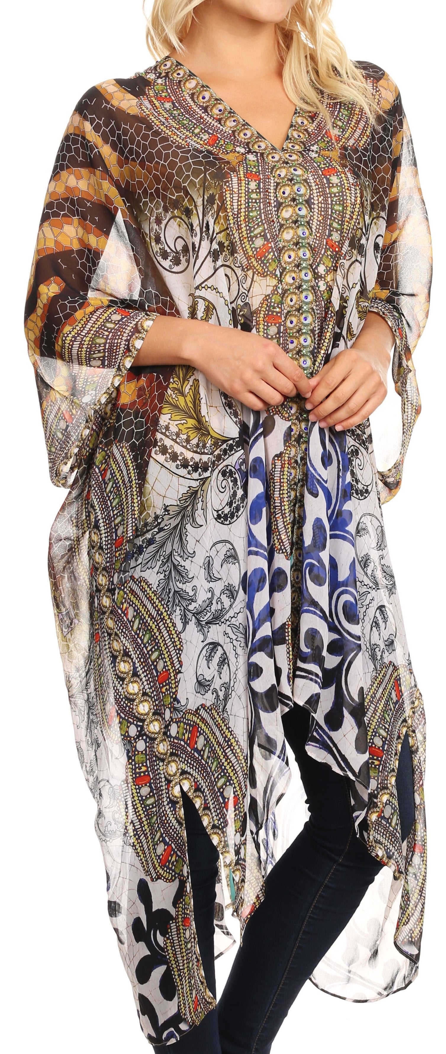 Sakkas - Livi V Neck Beach Dress Cover up Caftan Top Loose with Rhinestone