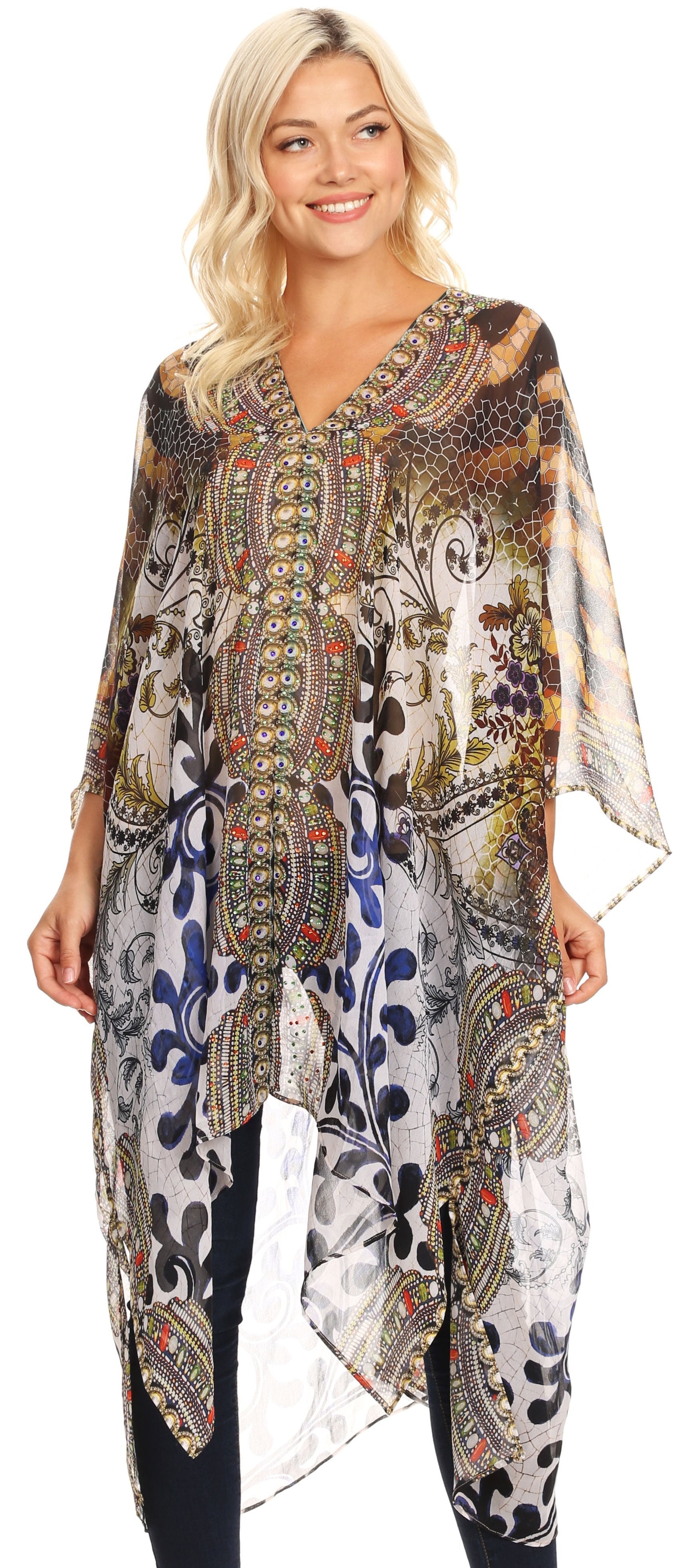 Sakkas - Livi V Neck Beach Dress Cover up Caftan Top Loose with Rhinestone
